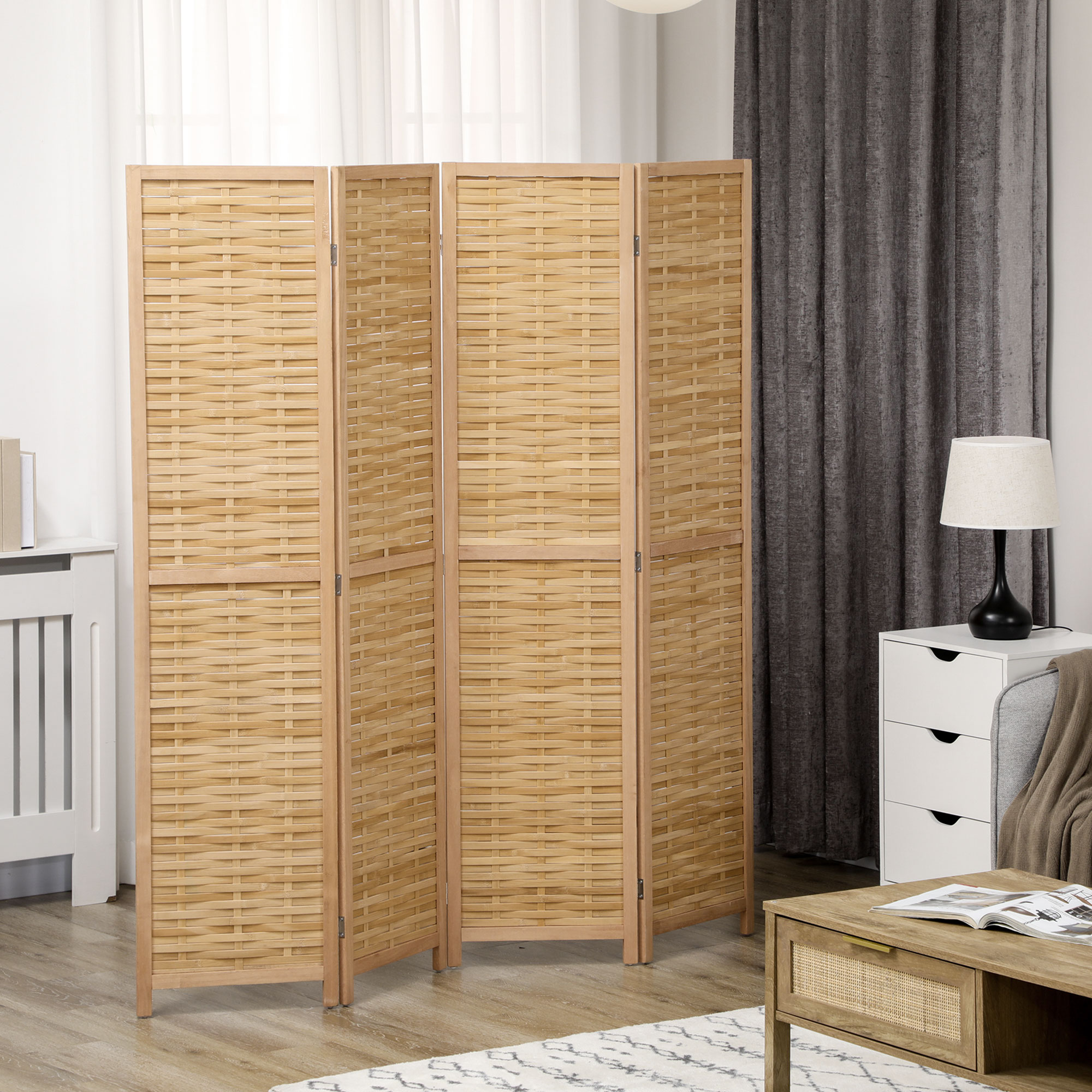 HOMCOM 4-teiliger Raumteiler, 160 x 170 cm Faltbarer Sichtschutz aus Bambus für Wohnzimmer, Schlafzimmer, Natur