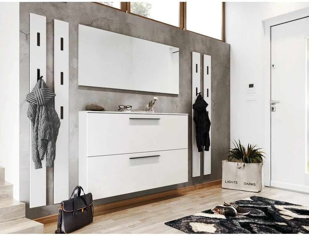 Lomadox Schuhschrank, 140 cm, Schwarz, Komplett Garderobenmöbel Set in weiß, 6-teilige Flurgarderobe mit Spiegelelement &