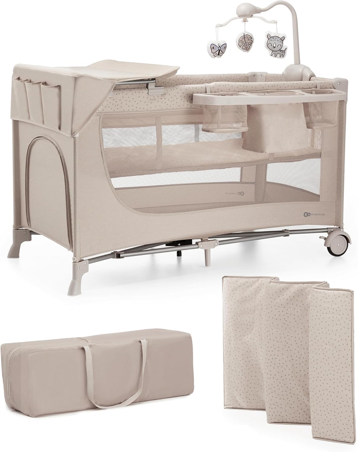 Kinderkraft JOY 2 ACC, Lettino da Viaggio 3 in 1, lettini per Neonati, lettino per Bambini, lettino da Viaggio, design moderno, Dimensioni ridotte e Pieghevole, Accessori Pratici, ruote, Beige