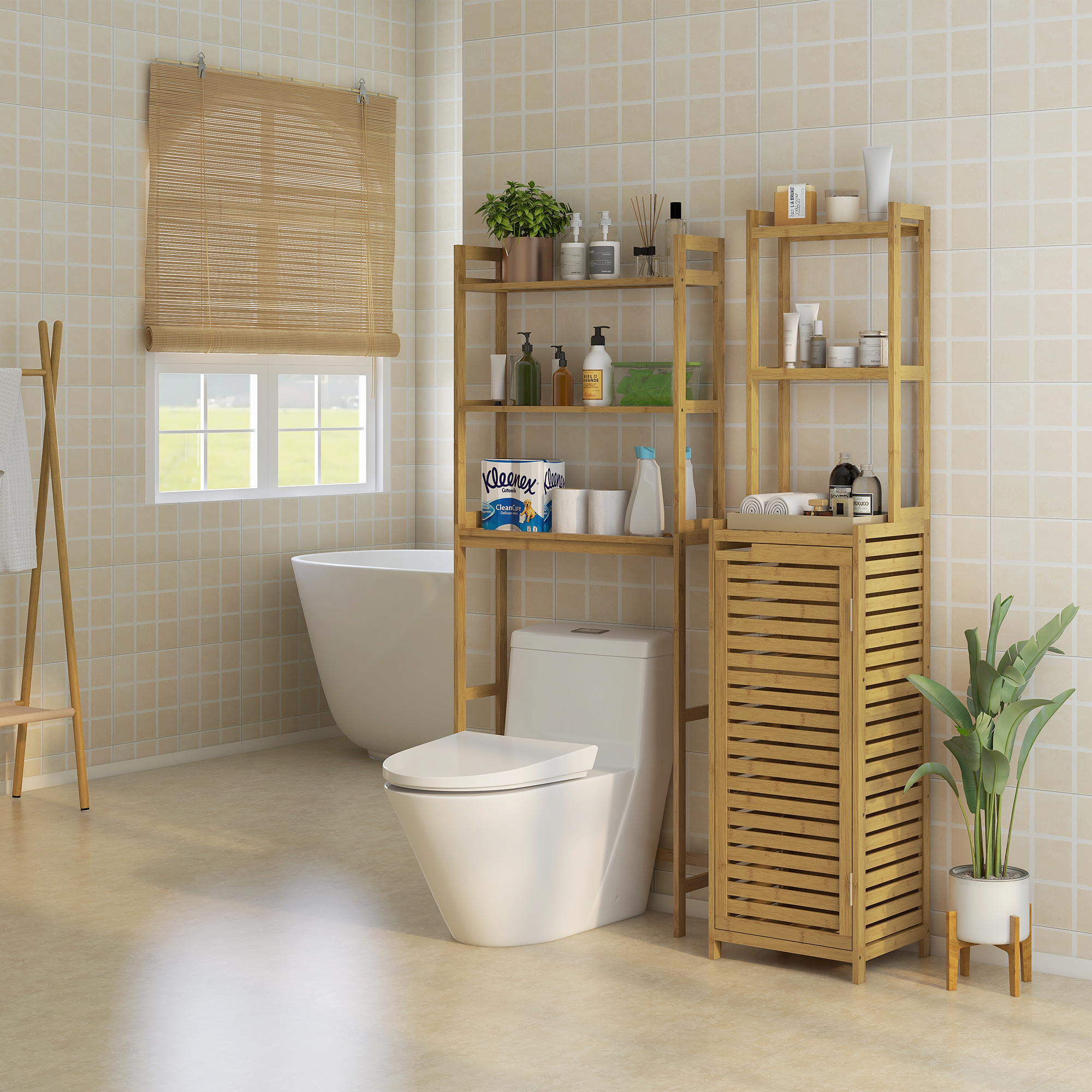 HOMCOM Badezimmerregal Badregal, 3 Regale, 1 Schrank, 38,5 cm x 33 cm x 170 cm, Natur