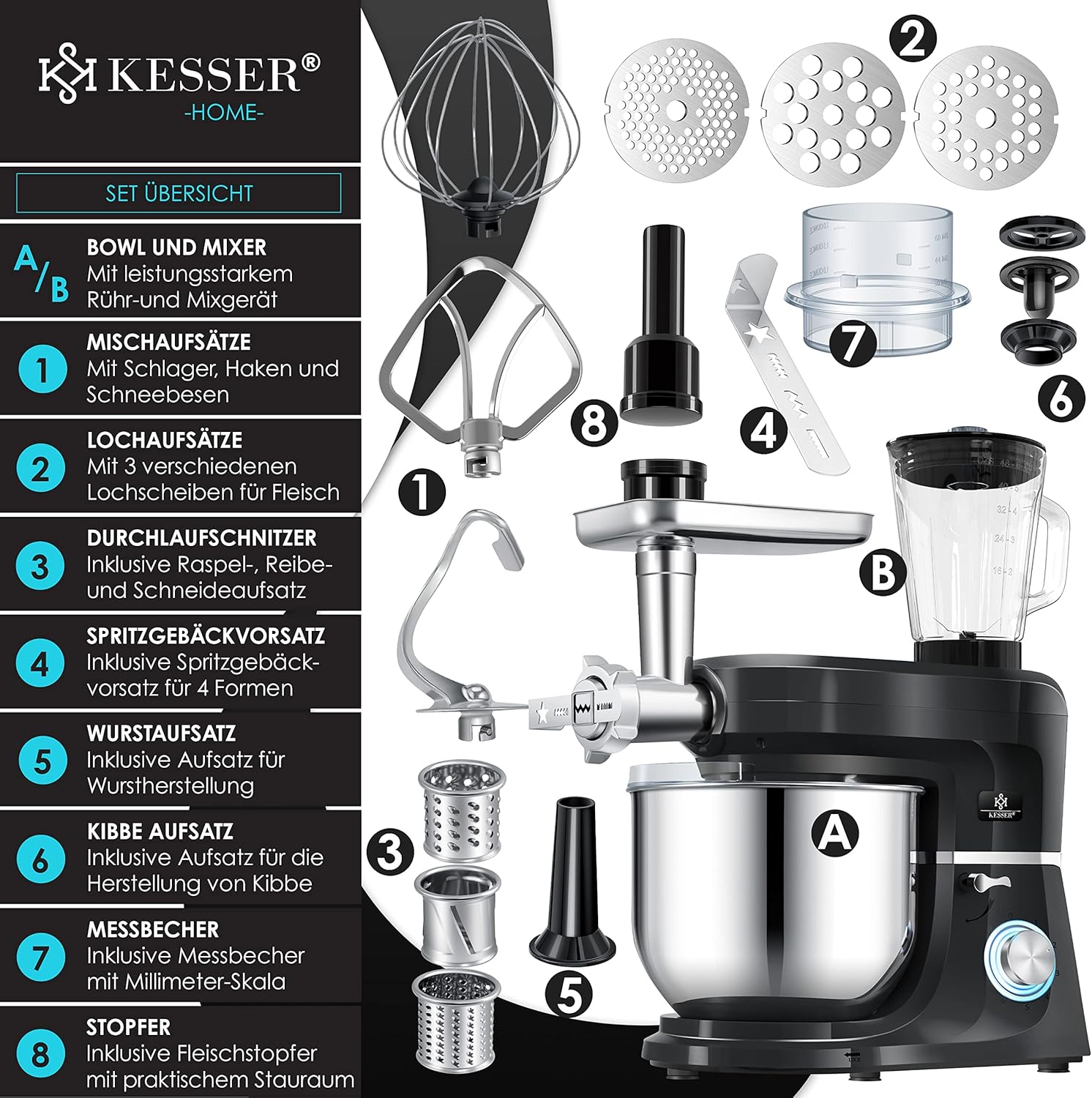 KESSER® 3 in 1 Universal Küchenmaschine K-KM 3000 mit Fleischwolf Knetmaschine Multifunktionale Rührmaschine 5,5L Schüssel mit 3 Rührwerkzeuge, 1,5L Entsafter, Zubehör-Set, Pasta & Gebäckformen