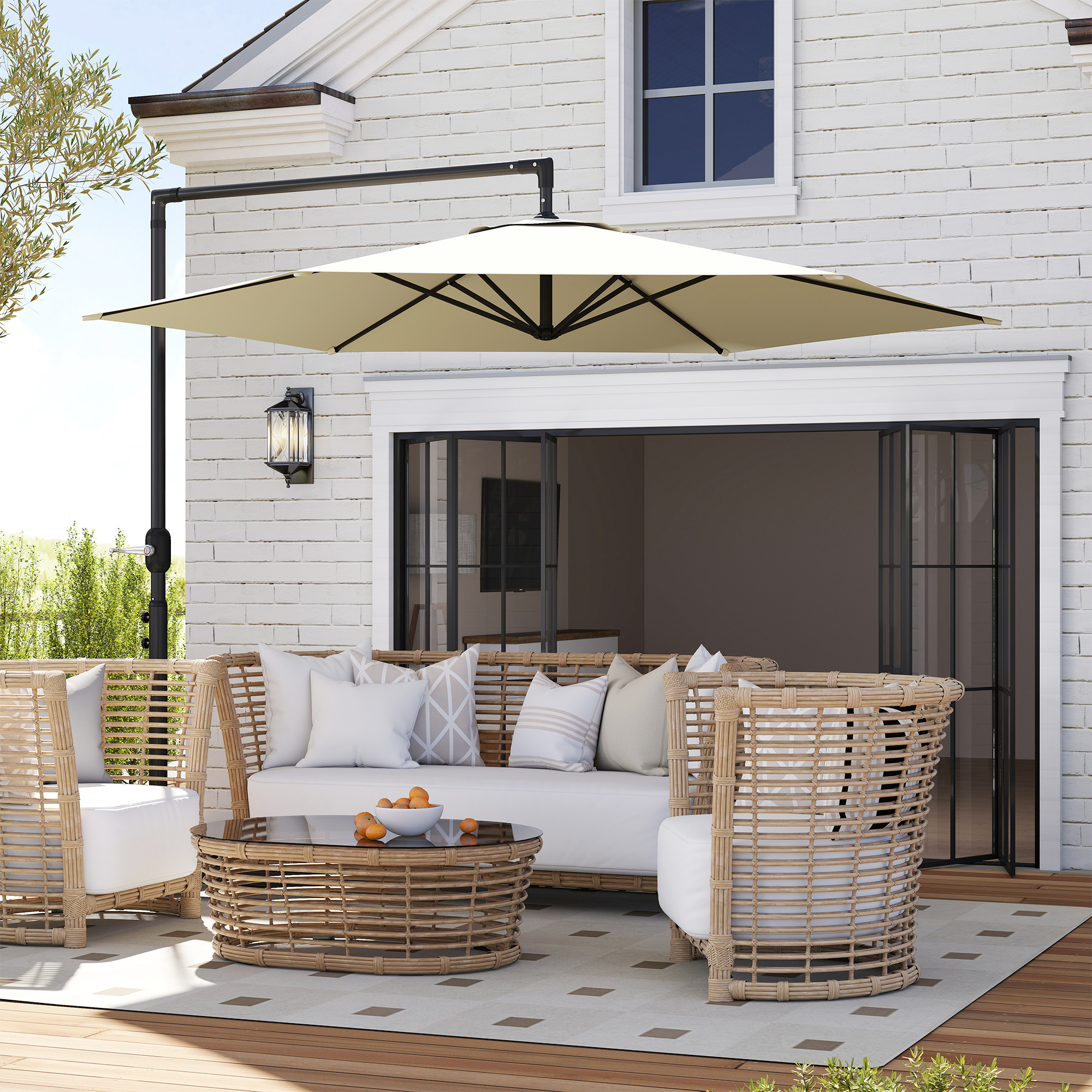 Outsunny Versetzter Gartenschirm 3x2,5 m mit Kreuzfuß und Kurbelöffnung, Beige