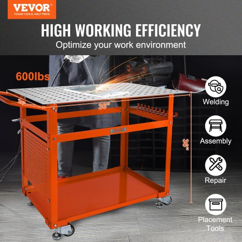 VEVOR Mobiler Schweißtisch 91,4 x 61 cm Schweißwerkbank 272 kg Tragfähigkeit Lochtisch 216 Löcher (1,6 cm) Werkbank Kohlenstoffstahl Arbeitstisch mit