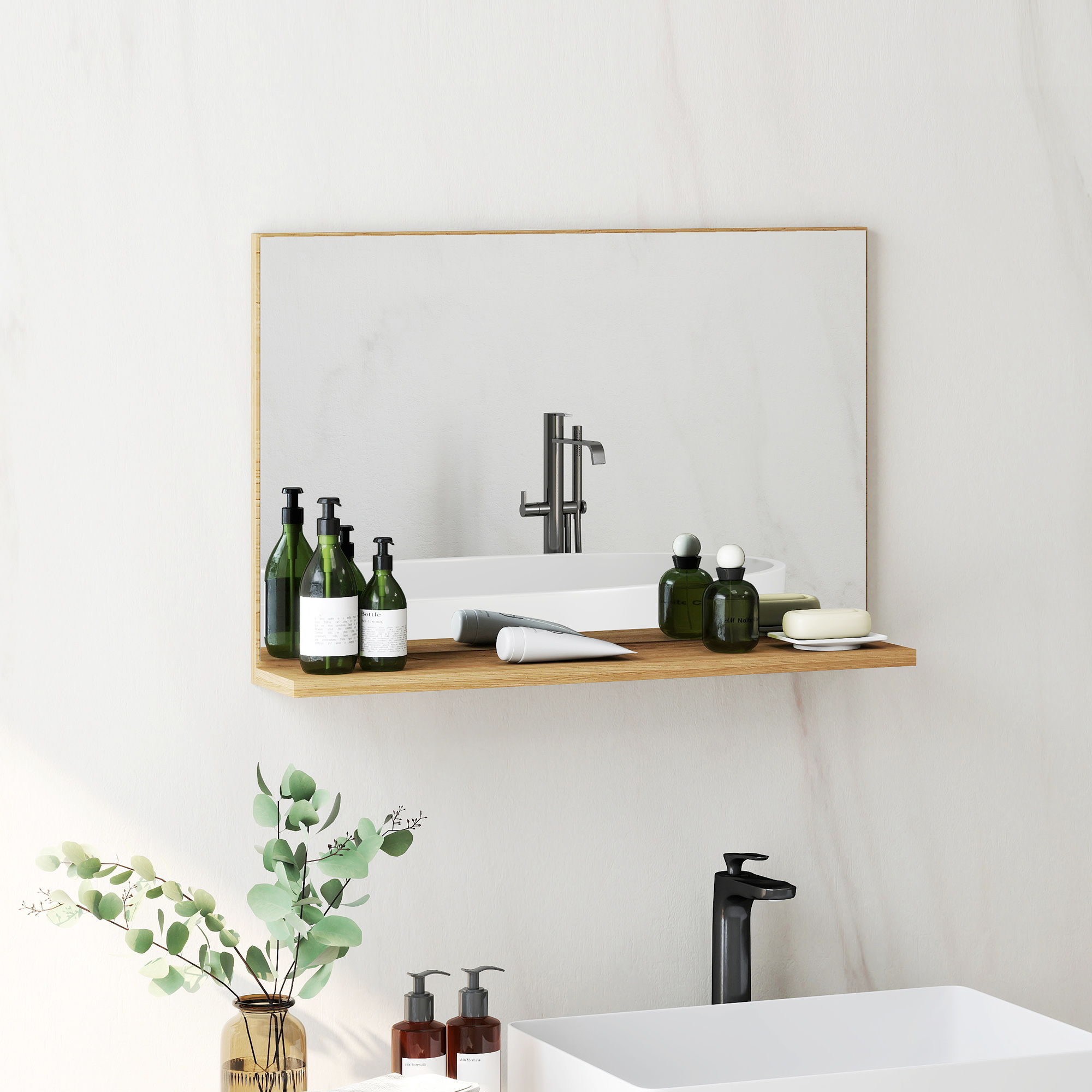 Kleankin Badezimmerspiegel mit Regal, modernem und vielseitigem Design, 60x12x40 cm, Holz