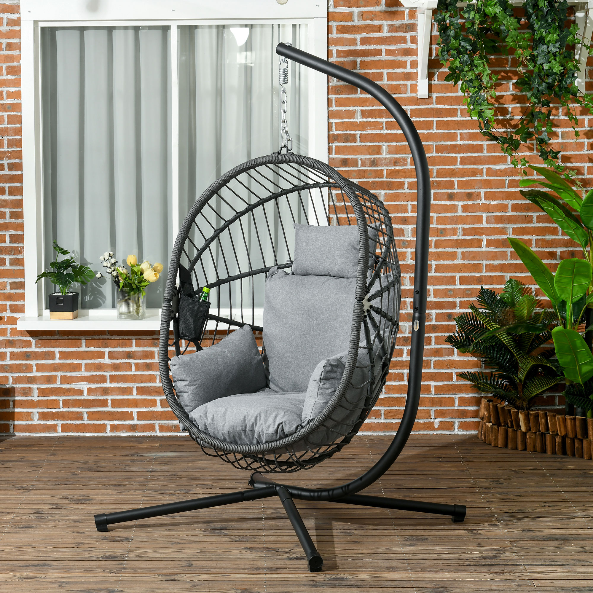 Outsunny Outdoor Hängesessel Hängesessel, inkl. Polster, Egg-Chair, 120 cm x 106 cm x 188 cm,  Grau