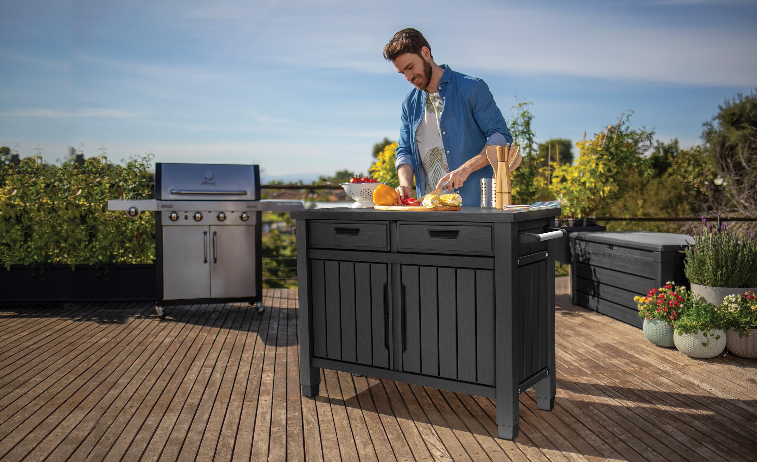 Koll Living Grilltisch Beistelltisch XXL multifunktionaler Servicetisch mit viel Stauraum wetterfest Holzoptik