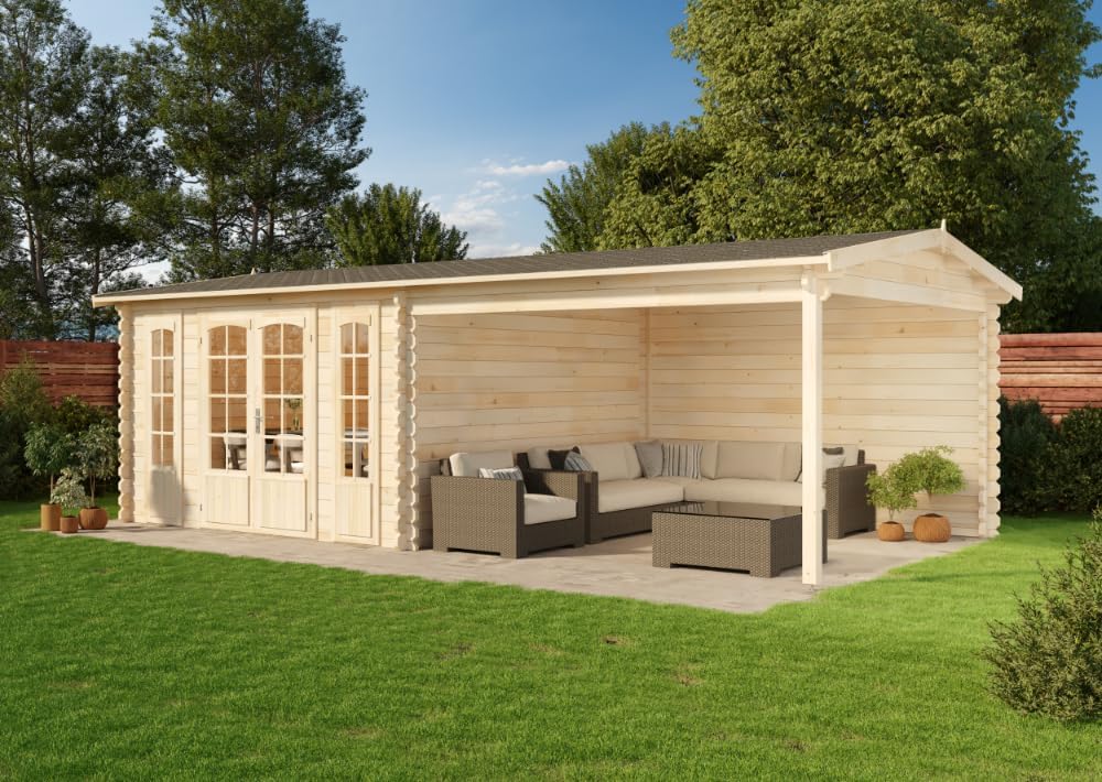 Gerätehaus Alpholz, 755 x 399 cm, 44 mm, Schwarz, Gartenhaus Freiburg-44 aus naturbelassenem Holz mit, Terrasse und Doppeltür