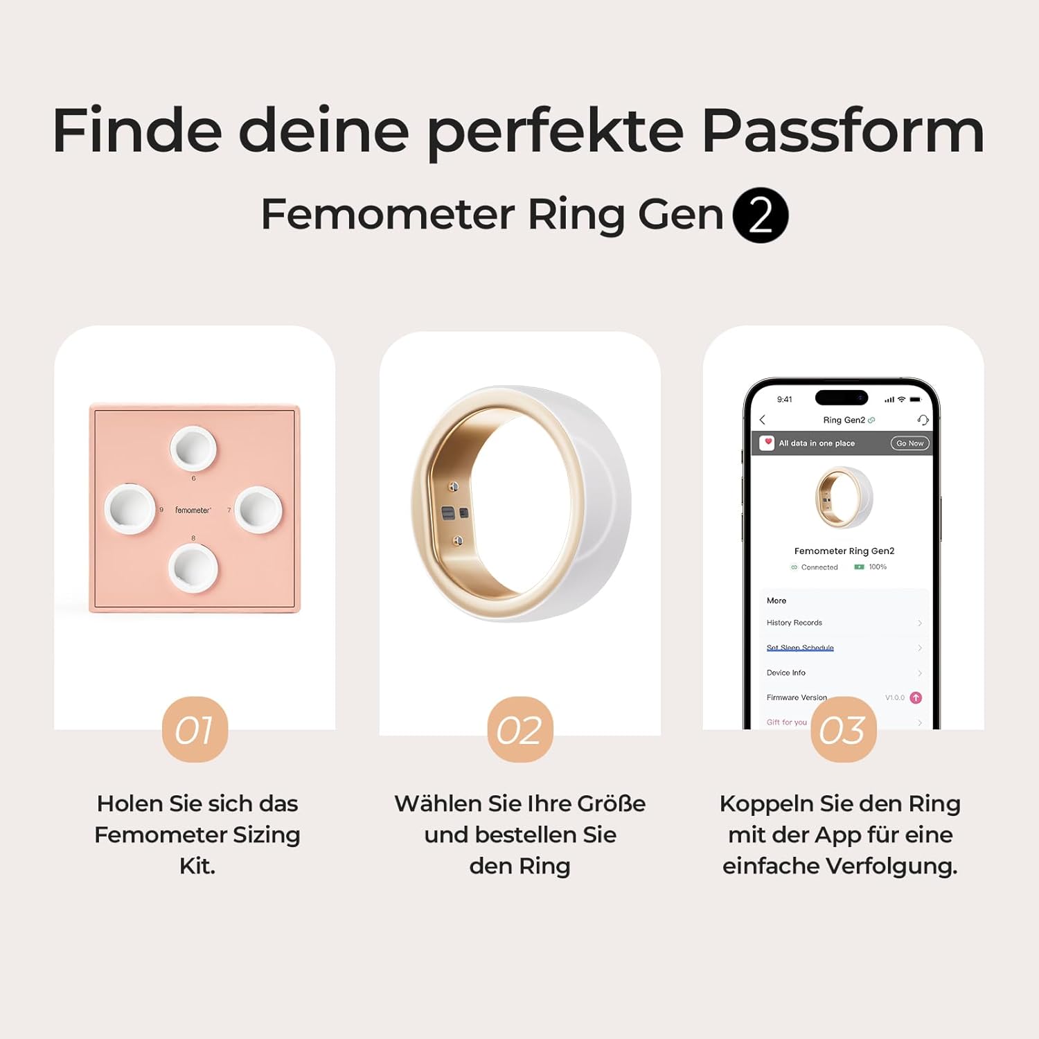 femometer Smart Ring Gen2, Schlaf, Herzfrequenz & Zyklusüberwachung, kostenloses Abonnement, Frauen Gesundheits-Tracker mit BBT Technologie, Größe vor dem Kauf, bis zu 7 Tage Batterielaufzeit