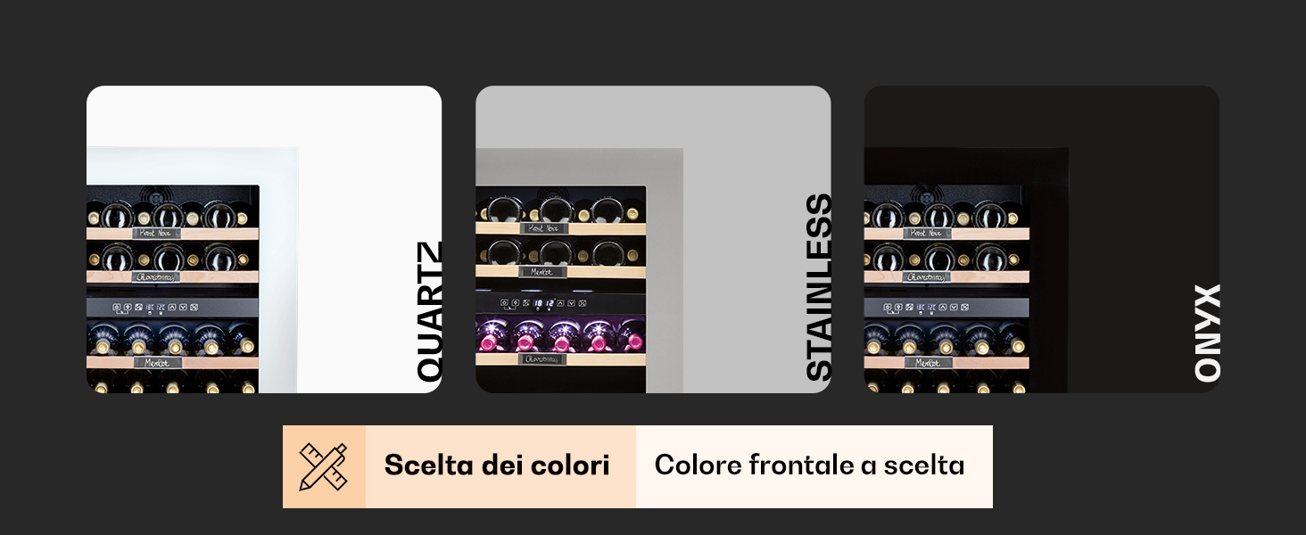 . Tre apparecchi identici mostrati nelle finiture bianco, grigio e nero. Il testo indica la scelta del colore disponibile.