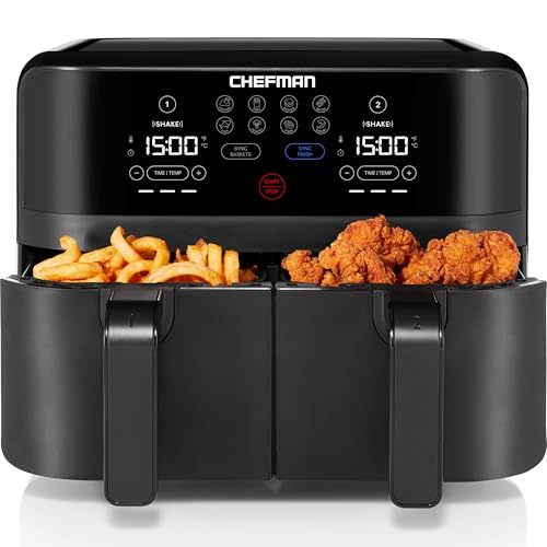 Chefman TurboFry Touch Dual Air Fryer, Maximize The Healthiest Meals With Double Basket Capacity, One Touch Digital Controls And Shake Reminder For The Perfect Crispy And Low Calorie Finish : Home & Kitchen