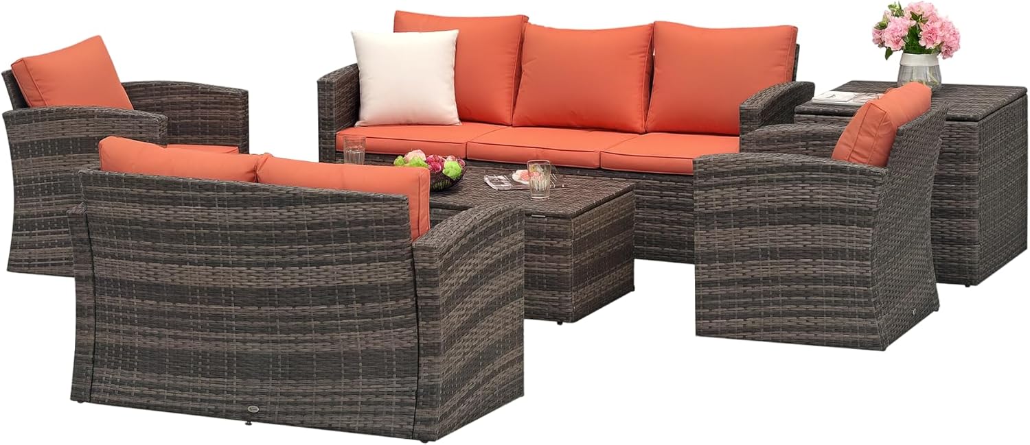 Outsunny Set Mobili da Giardino 6 Pezzi in Rattan, Salotto da Giardino con 2 Tavolini Contenitore, Divani e 2 Poltrone Imbottiti per 7 Persone, Marrone