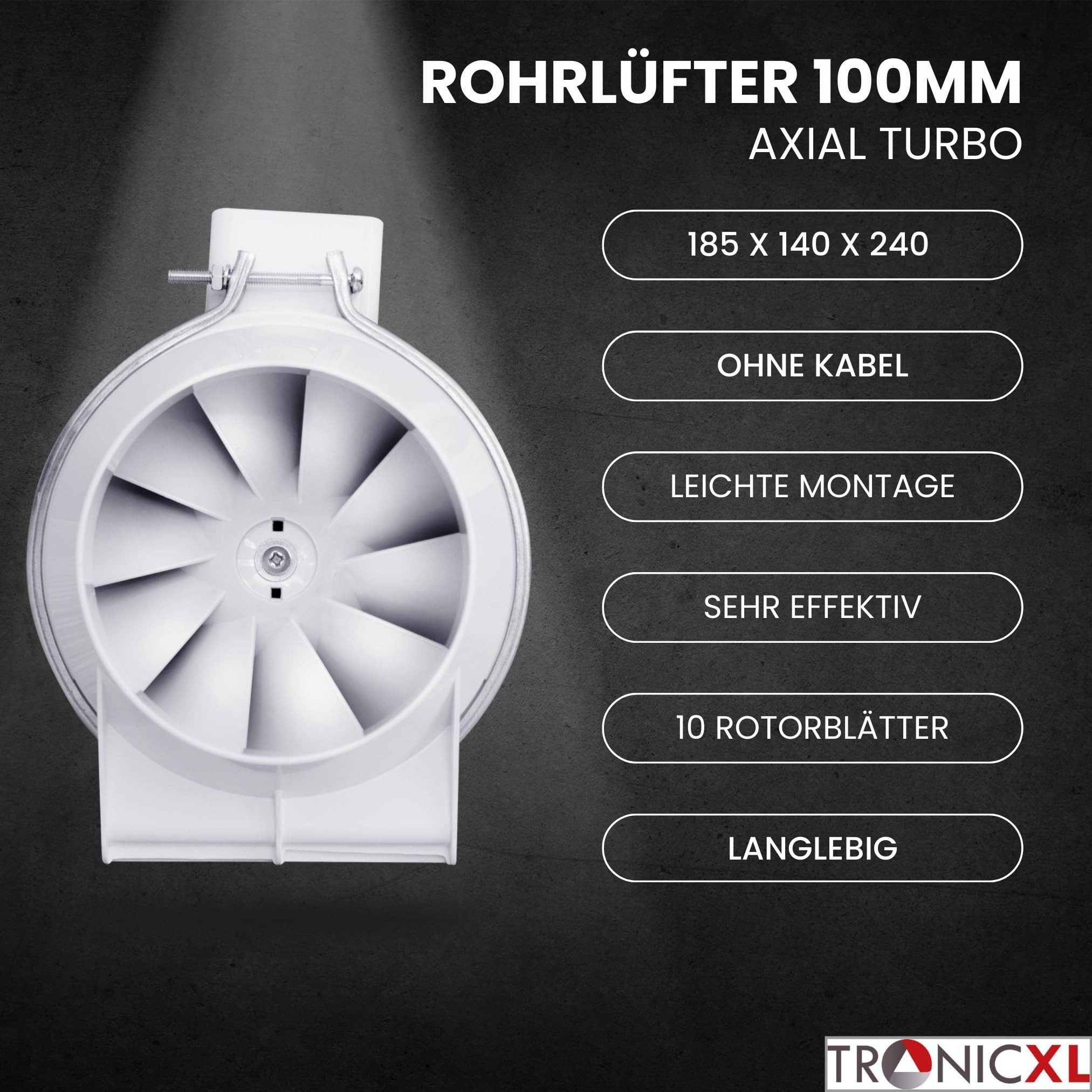 Radialventilator 100mm Abluft Turbo Lüfter ohne Kabel für Festmontage Ventilator Rohr