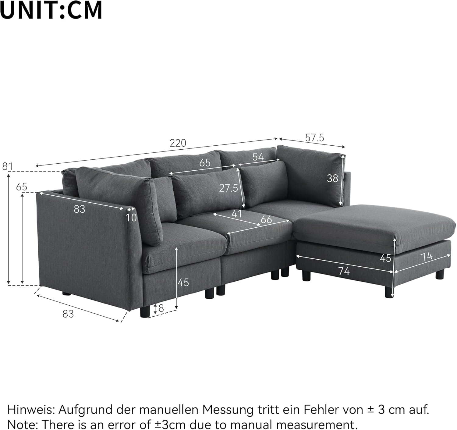 Soweiz Design moderno, divano a tre posti con poggiapiedi, divano ad angolo a forma di L, 220 x 83 x 81 cm (grigio)