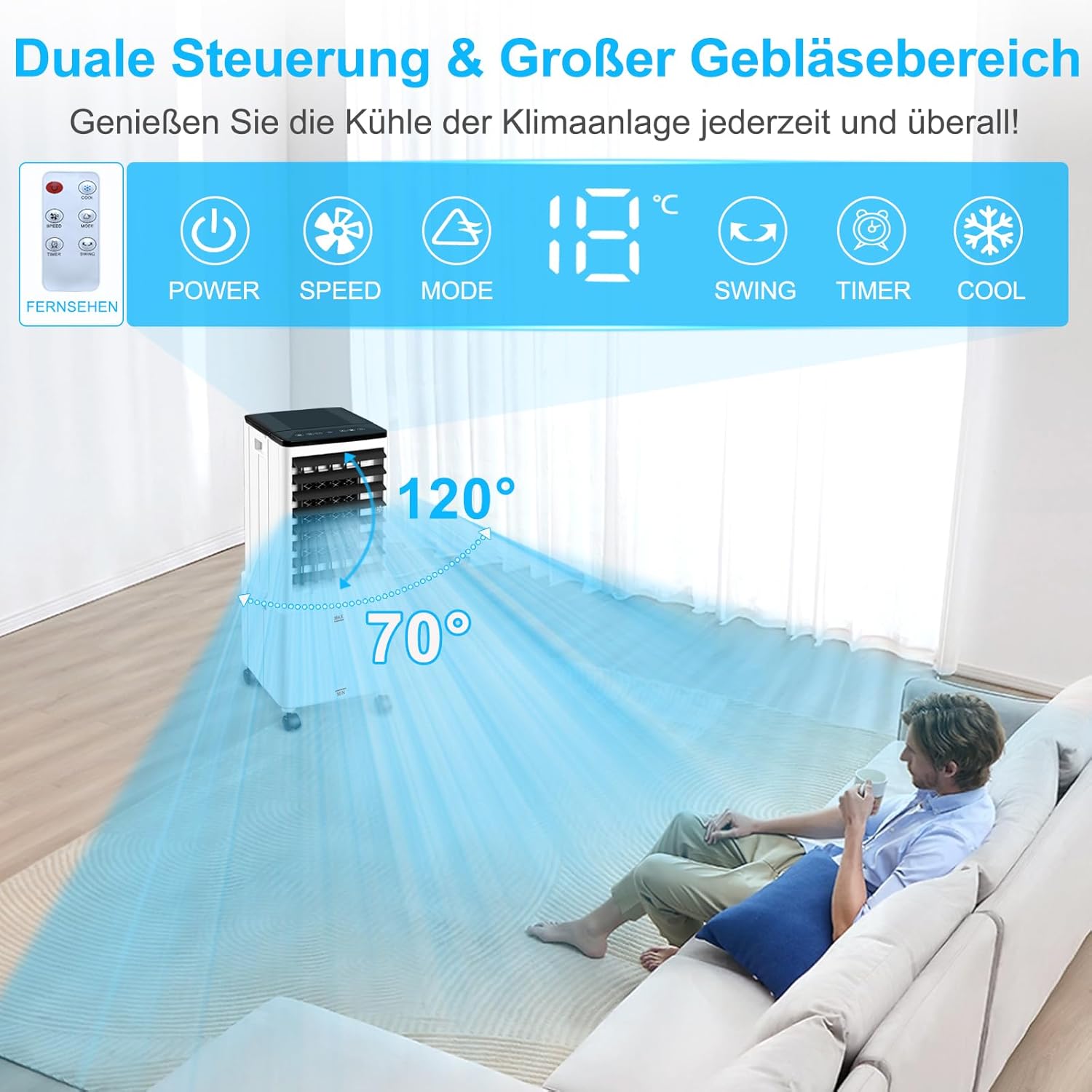 Klimagerät ohne Abluftschlauch, 14L 60W Klimaanlage Mobil mit 12H Timer, 3 Modus, 40dB, 120°Oszillation, Abnehmbare Wassertank, Fernbedienung, Leise Portable Air Conditioner für Wohnung Zimmer Räume