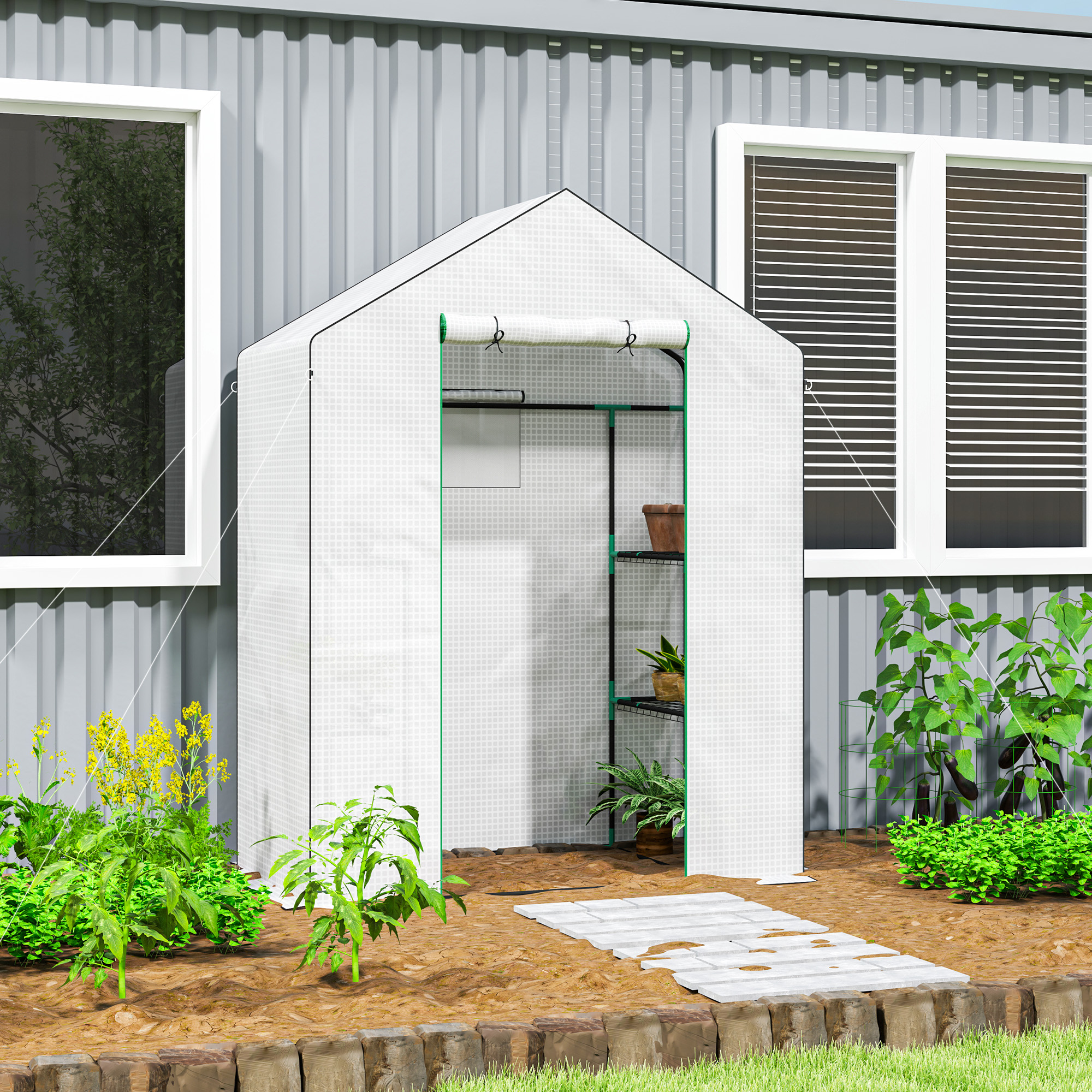 Outsunny Gewächshaus mit Regalen, Mini-Treibhaus, UV-beständig, Netzfenster, Reißverschlusstür, 143L x 74B x 190H cm, Weiß