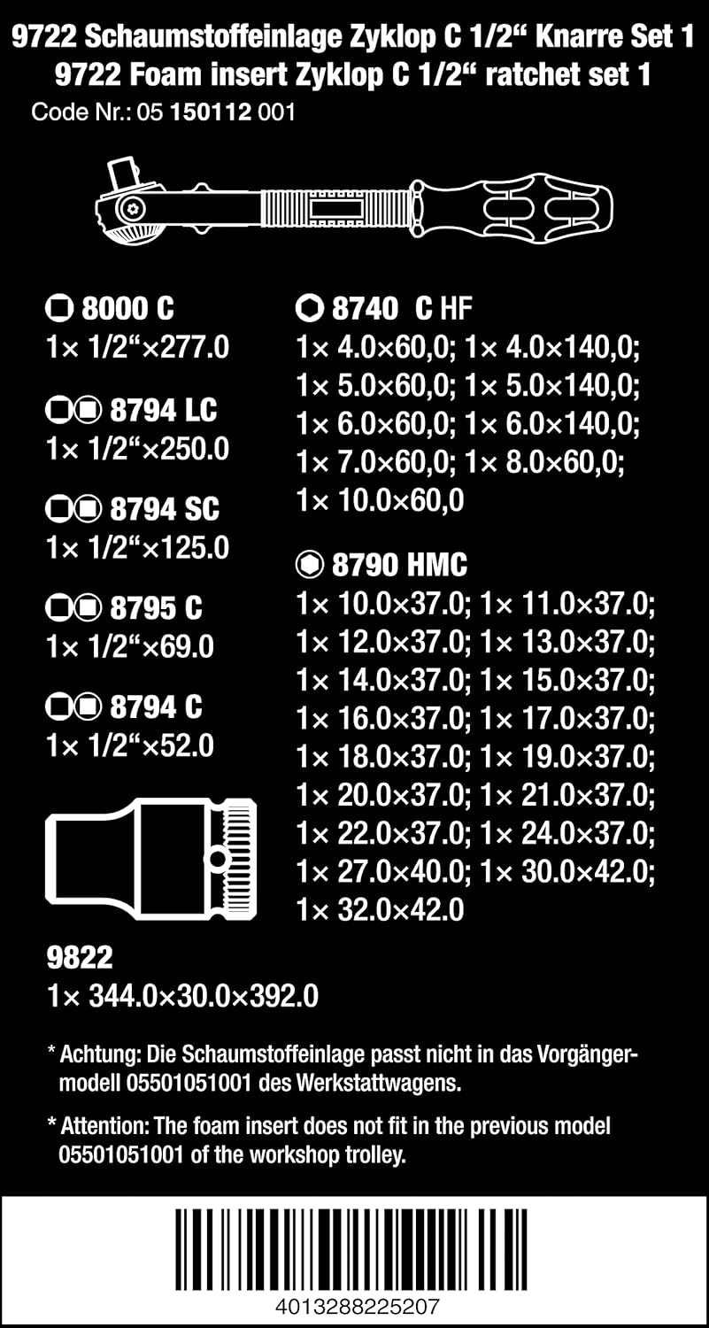 Wera Schaumstoffeinlage für Werkstattwagen, 9722, 8000 C, Zyklop Knarre 1/2