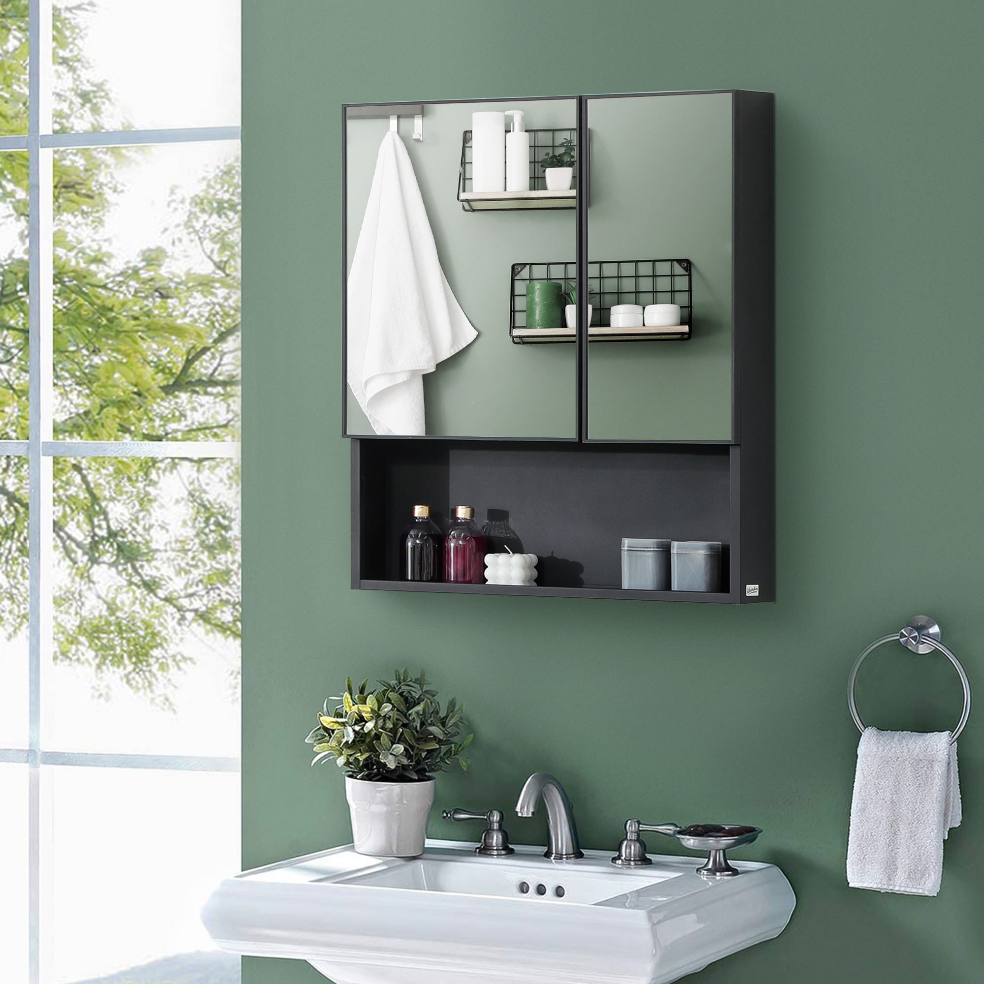 kleankin Spiegelschrank, Badschrank, 3 Etagen, Edelstahl, 59,7x13,3x69,9cm, Schwarz