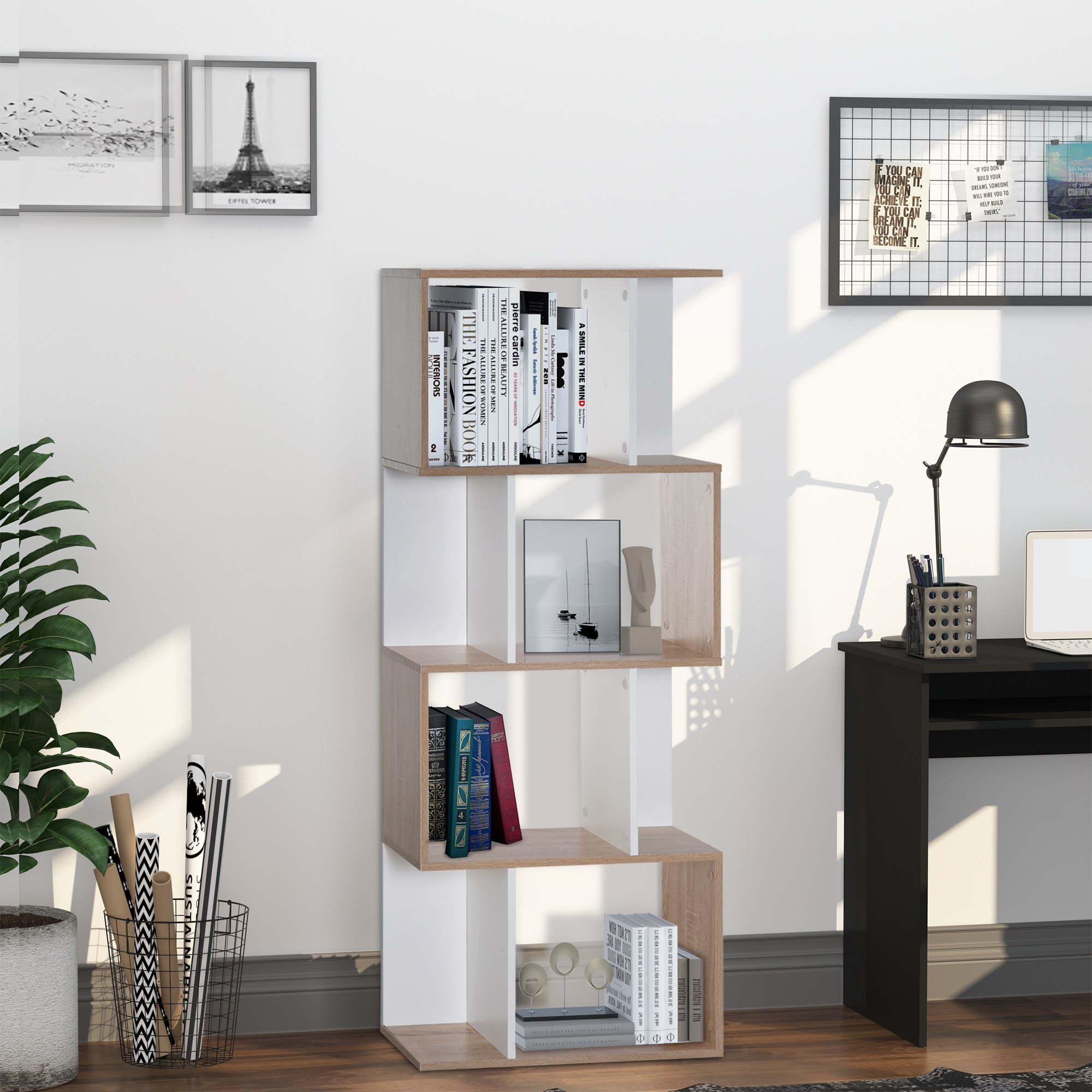 HOMCOM  Bücherregal S-förmiges Standregal Lagerregal 4-stufige Vitrine mit Hardware-Schnalle moderner Raumteiler Spanplatte Naturholz+Weiß 60 x 24 x 148 cm