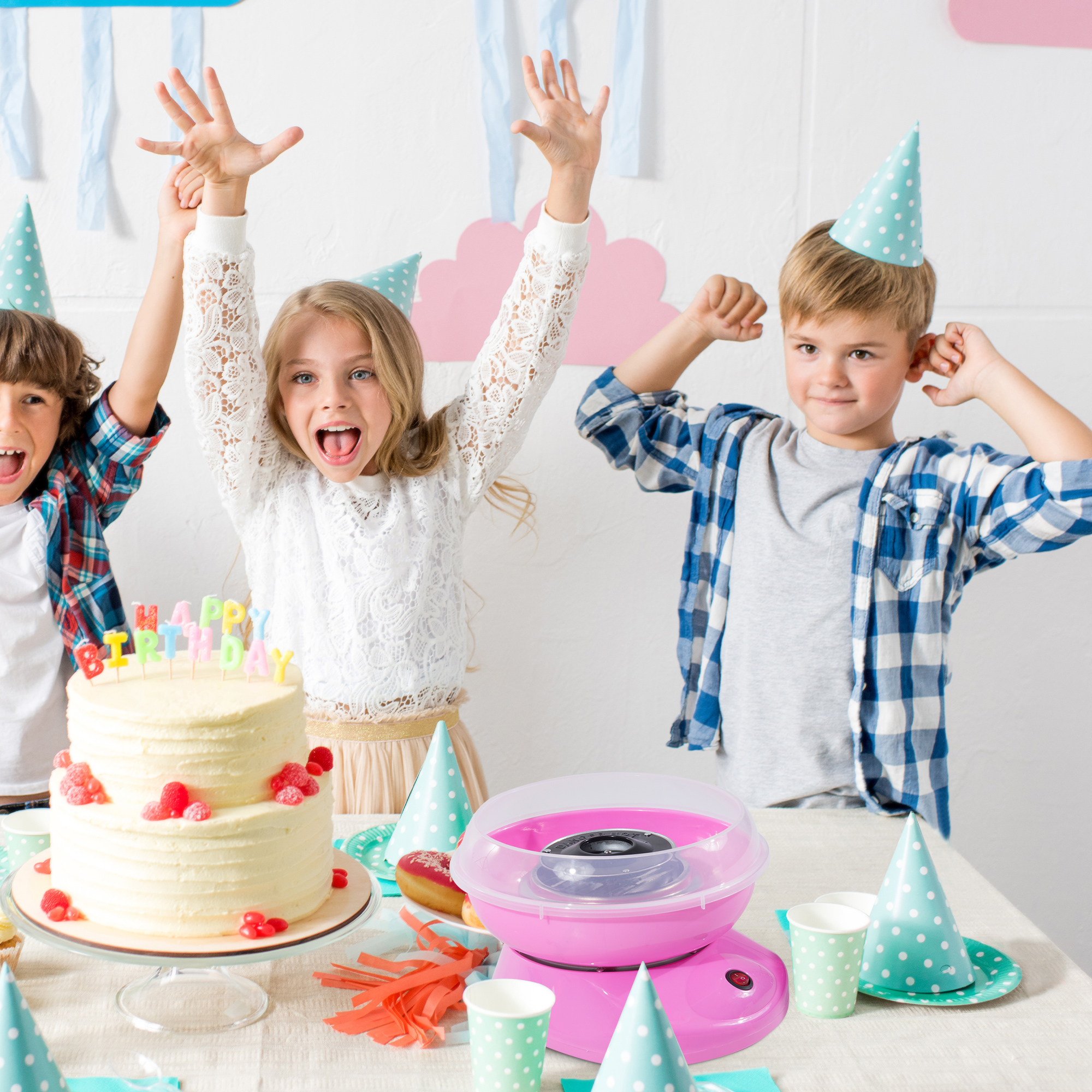 HOMCOM Zuckerwattemaschine, einfach zu bedienendes Zuckerwattegerät, für Erwachsene und Kinder, Edelstahl, PP, Rosa