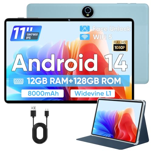 TUOHAITIME Tablet 11 pollici, Tablet Android 14 con processore Octa Core 12GB RAM 128GB ROM, batteria 8000mAh, IPS HD Touchscreen Doppia fotocamera, Bluetooth, WiFi, GPS, Tablet PC con custodia (Blu) : Informatica