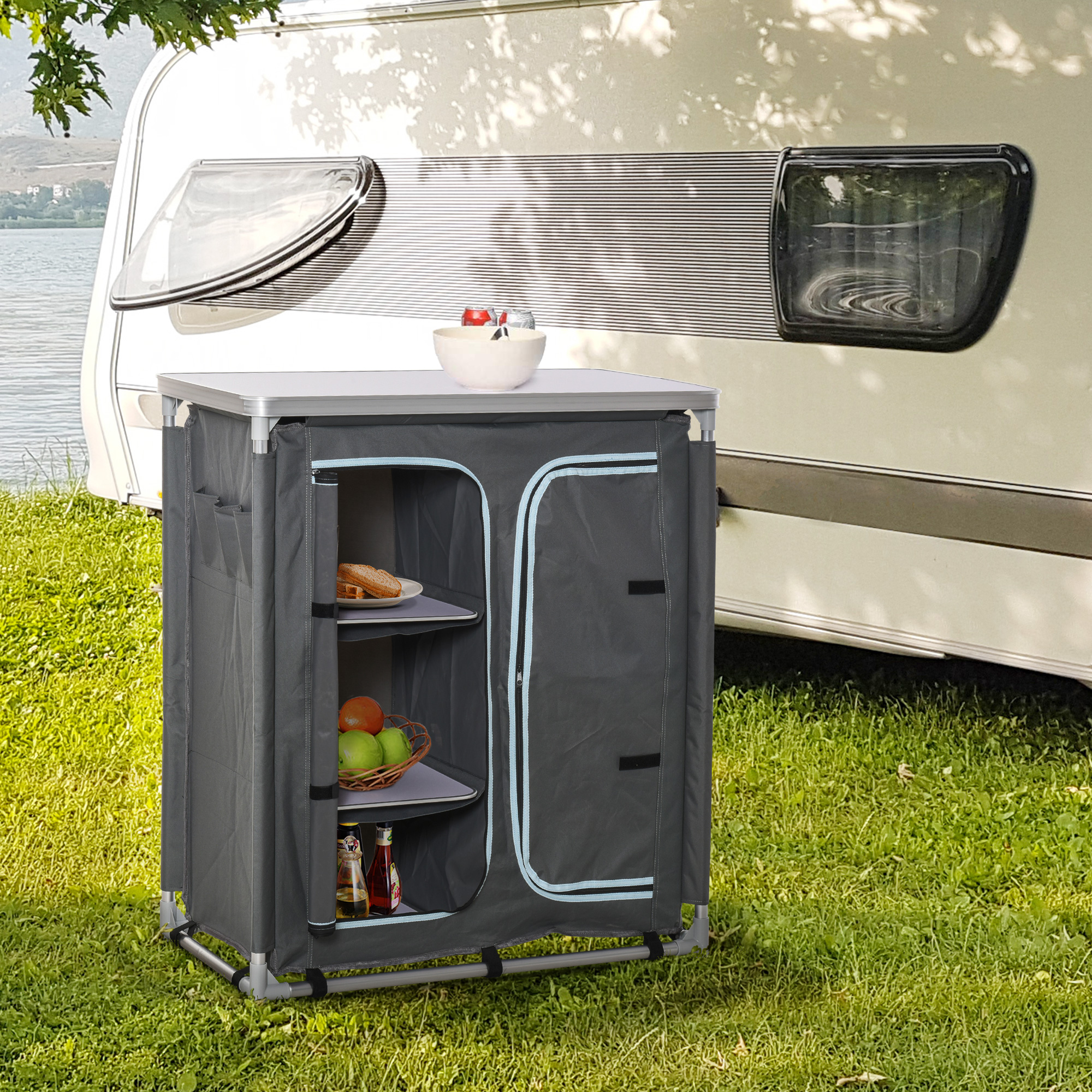 Outsunny Campingschrank Küchenbox tragbar mit Arbeitsplatte Tragetasche 3 Ablagen 1 Schrank 600D Oxford Stoff Grau 96 x 49,5 x 104 cm