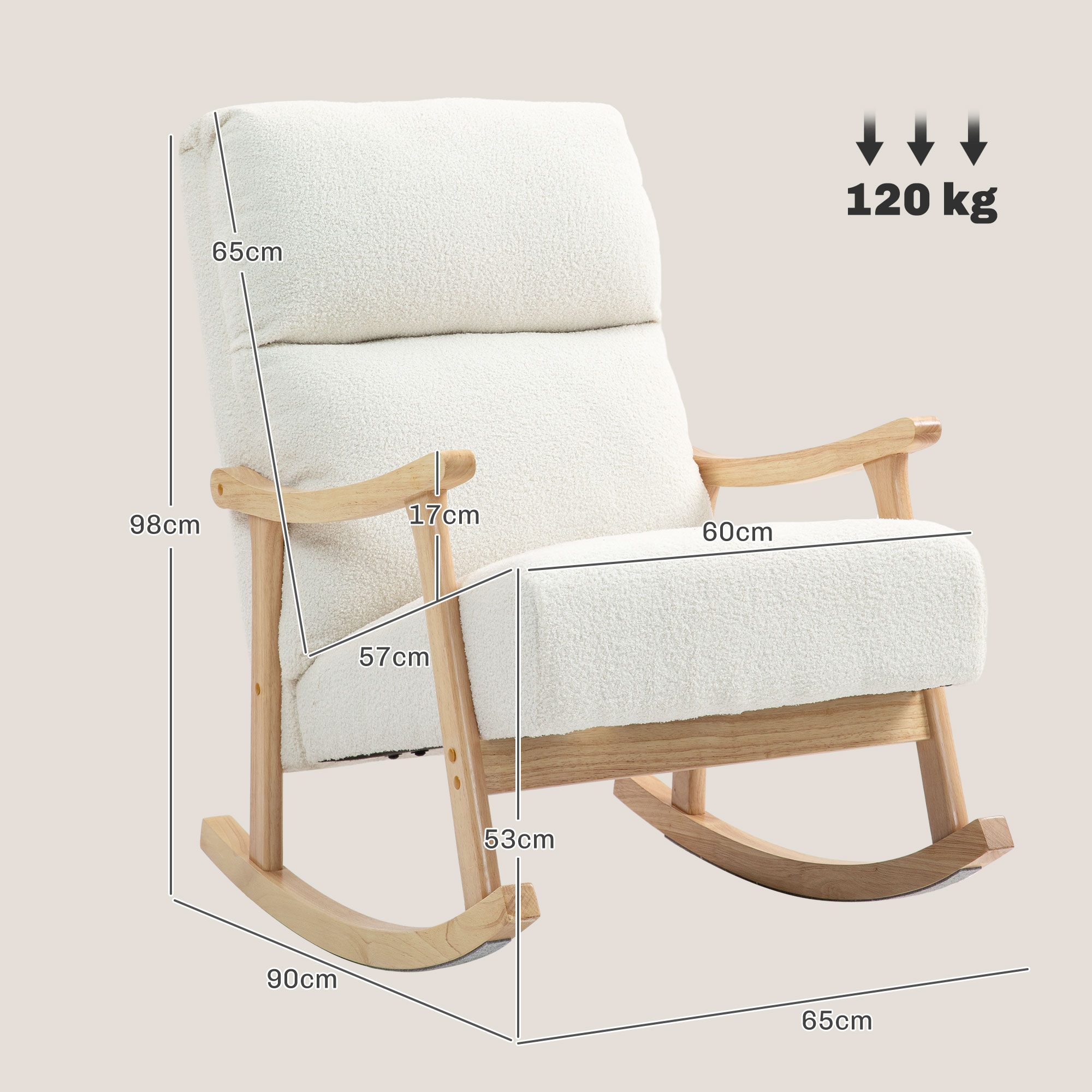 Schommelstoel met Fluweelachtige Bekleding, Ergonomische Rugleuning, Belastbaar tot 120 kg, 65B x 90T x 98H cm, Roomwit