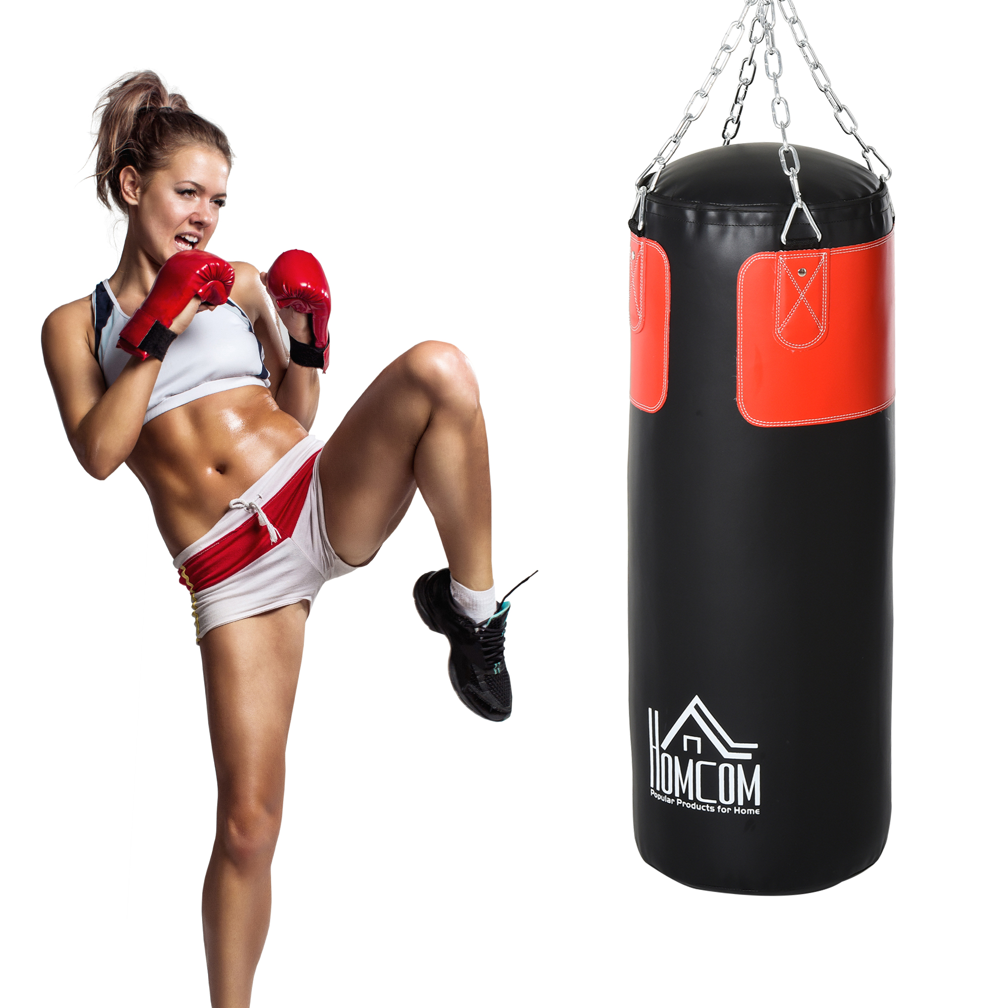 HOMCOM Boxsack-Set Box-Set mit Boxhandschuhen Gefüllt Set für Erwachsene Jugendlichen Hanging Boxing Heavy Bag 16 KG Ø30 x 120 cm Schwarz+Rot