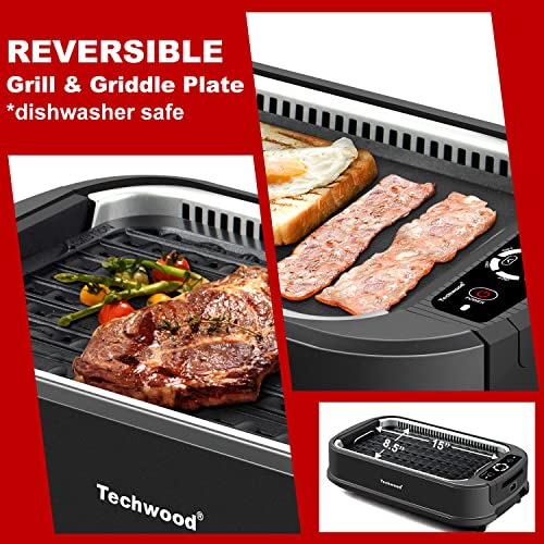 Indoor Grill, Techwood 1500W Smokeless Electric Grill with 2 in1 Nonstick Grill/Griddle Plates, Portable Korean BBQ Grill with 6 Level Control, Glass Lid, Dishwasher Safe, Double Plates, Black: Home & Kitchen