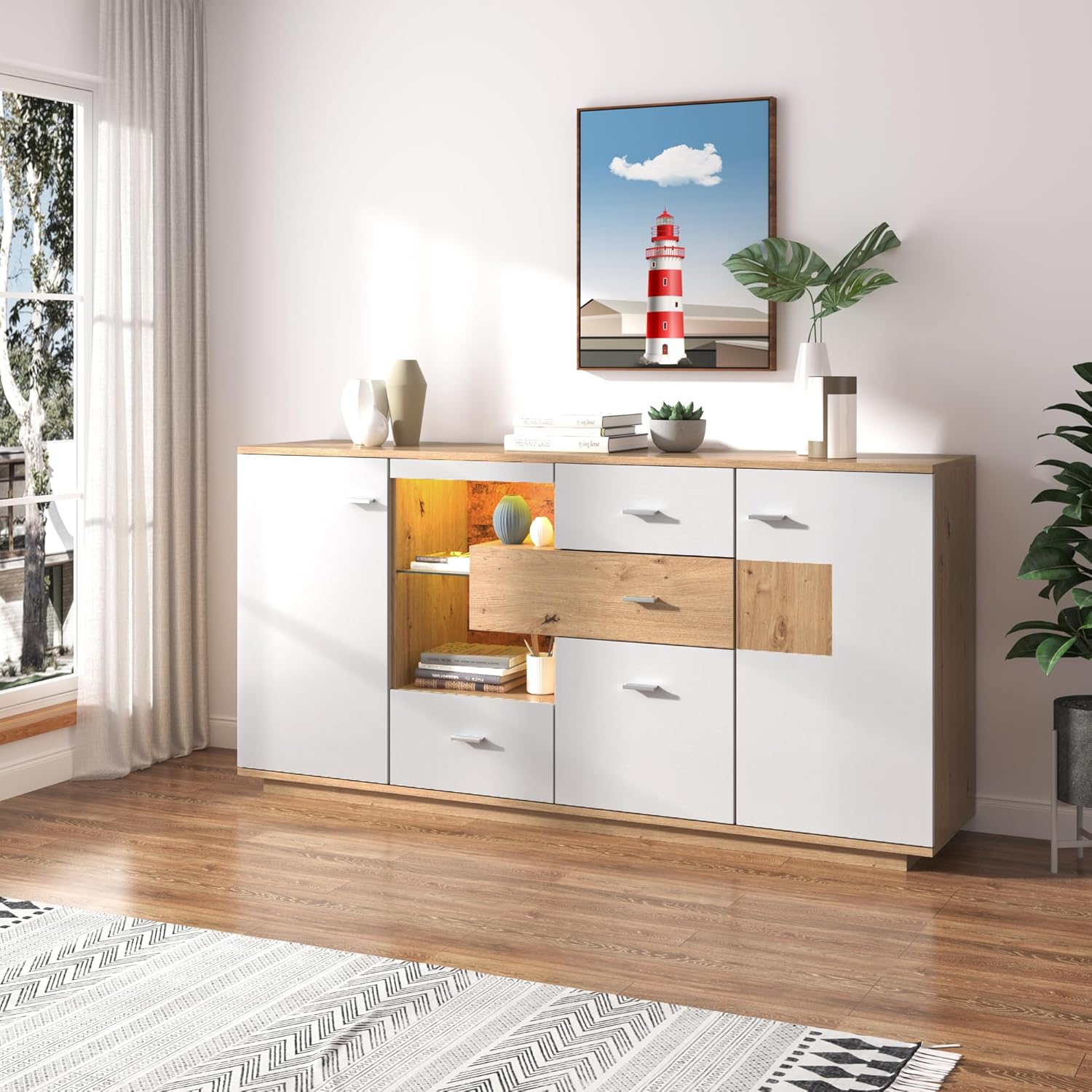 Mobile Contenitore Credenza con LED, Madia Mobile da Cucina con 2 Ante e 4 Cassetti, Mobile Dispensa Cucina Buffet da Cucina per Soggiorno Cucina Sala da Pranzo, 160x40x77 cm, Bianco & Natur