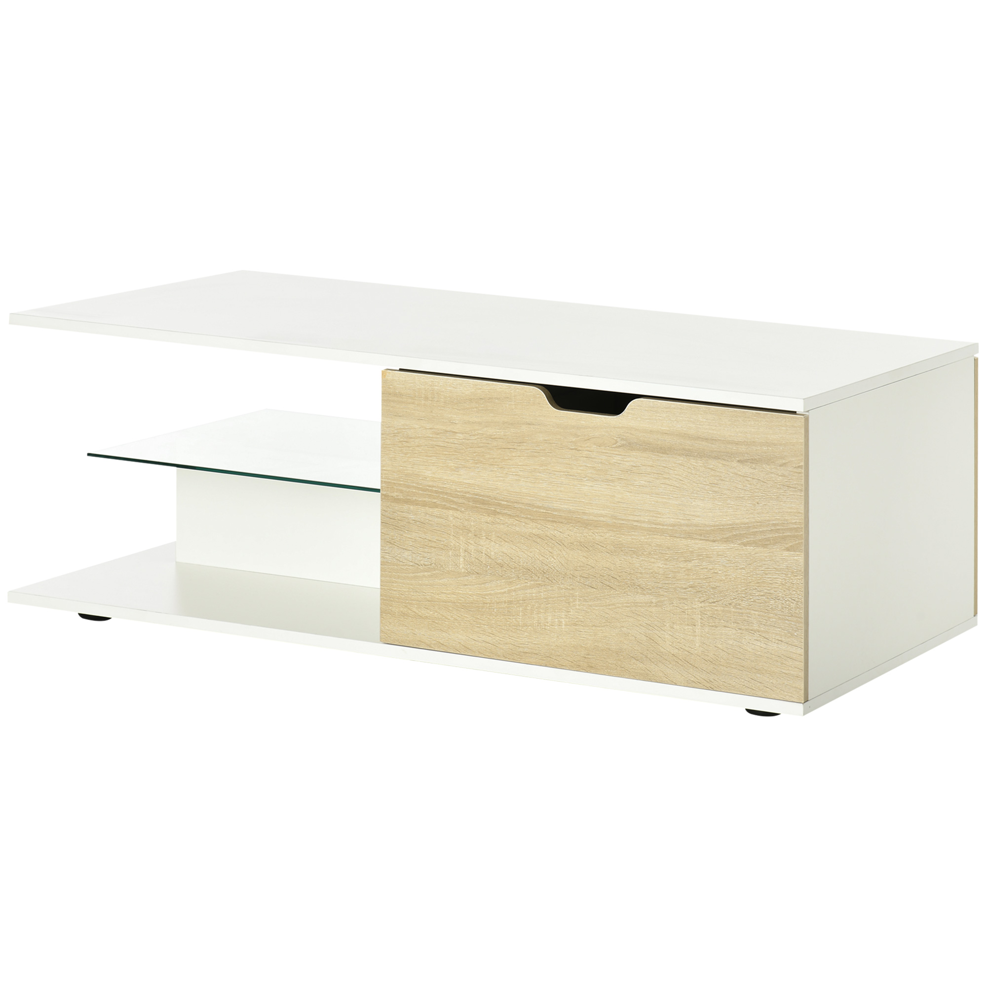 HOMCOM Rechteckiger Couchtisch im zeitgenössischen Design 2 Schubladen 2 Fächer gehärtetes Glas Regal Spanplatten weiß Eiche-Holzoptik