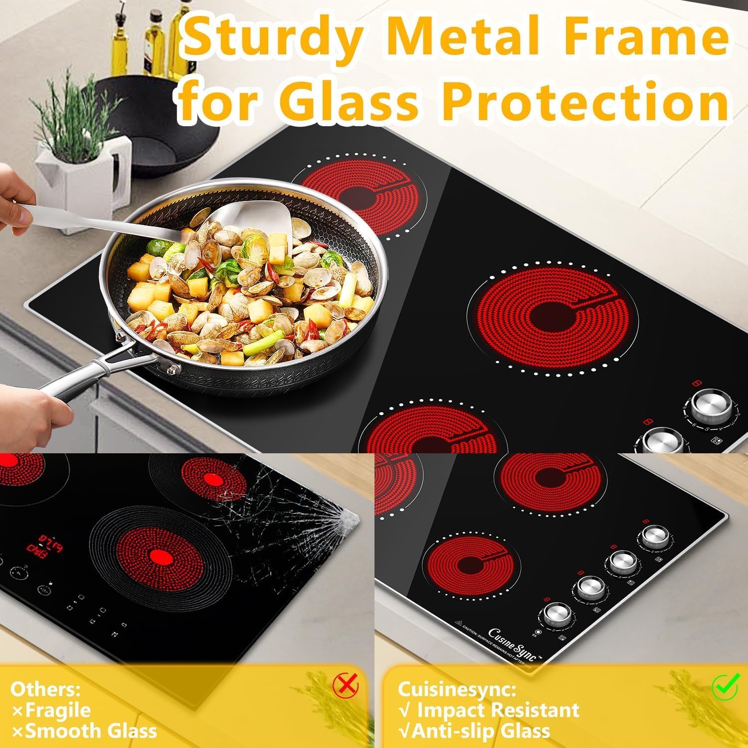 30 Inch Built-In Electric Ceramic Glass Cooktop, 4 Burners, 7200W Total Power, Knob Control, Compatible with Flat-Bottom Cookware, 220-240V Hardwired