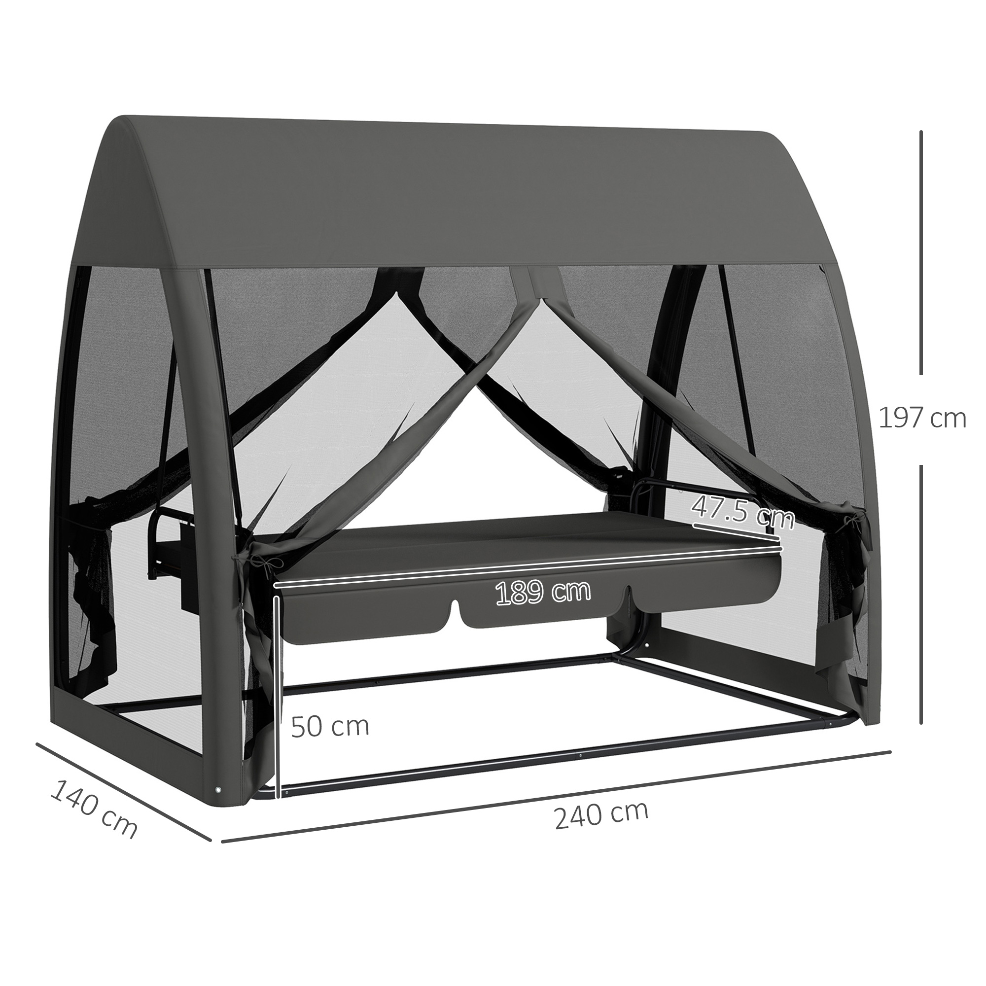 3-zits terrasschommel, verandaschommel met bedfunctie, Hollywoodschommel met muggennet en stalen frame, Grijs