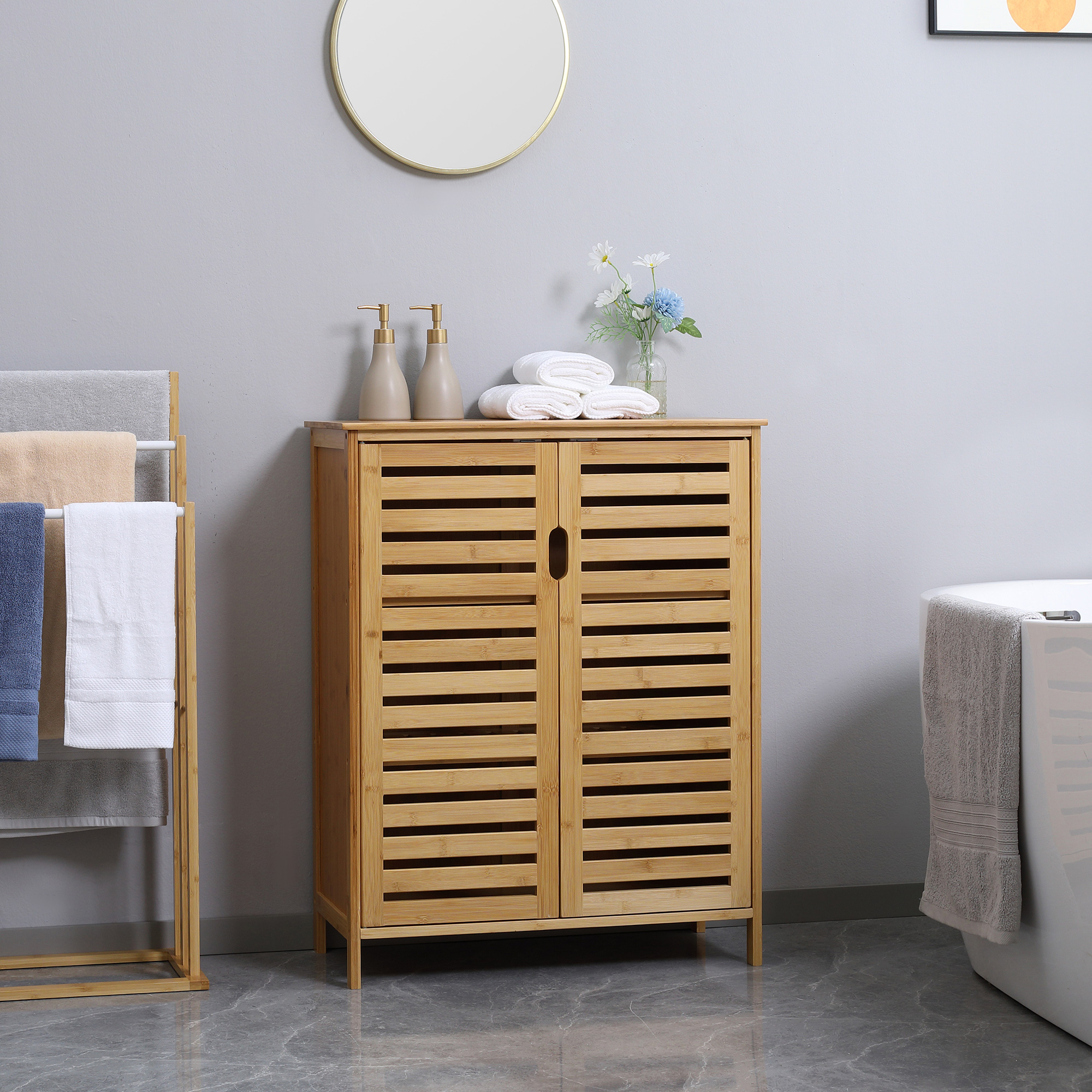 kleankin Badezimmerschrank, Bambusschrank mit Lamellendesign für Badezimmer, Flur, kompakte Größe, viel Stauraum, Naturholz