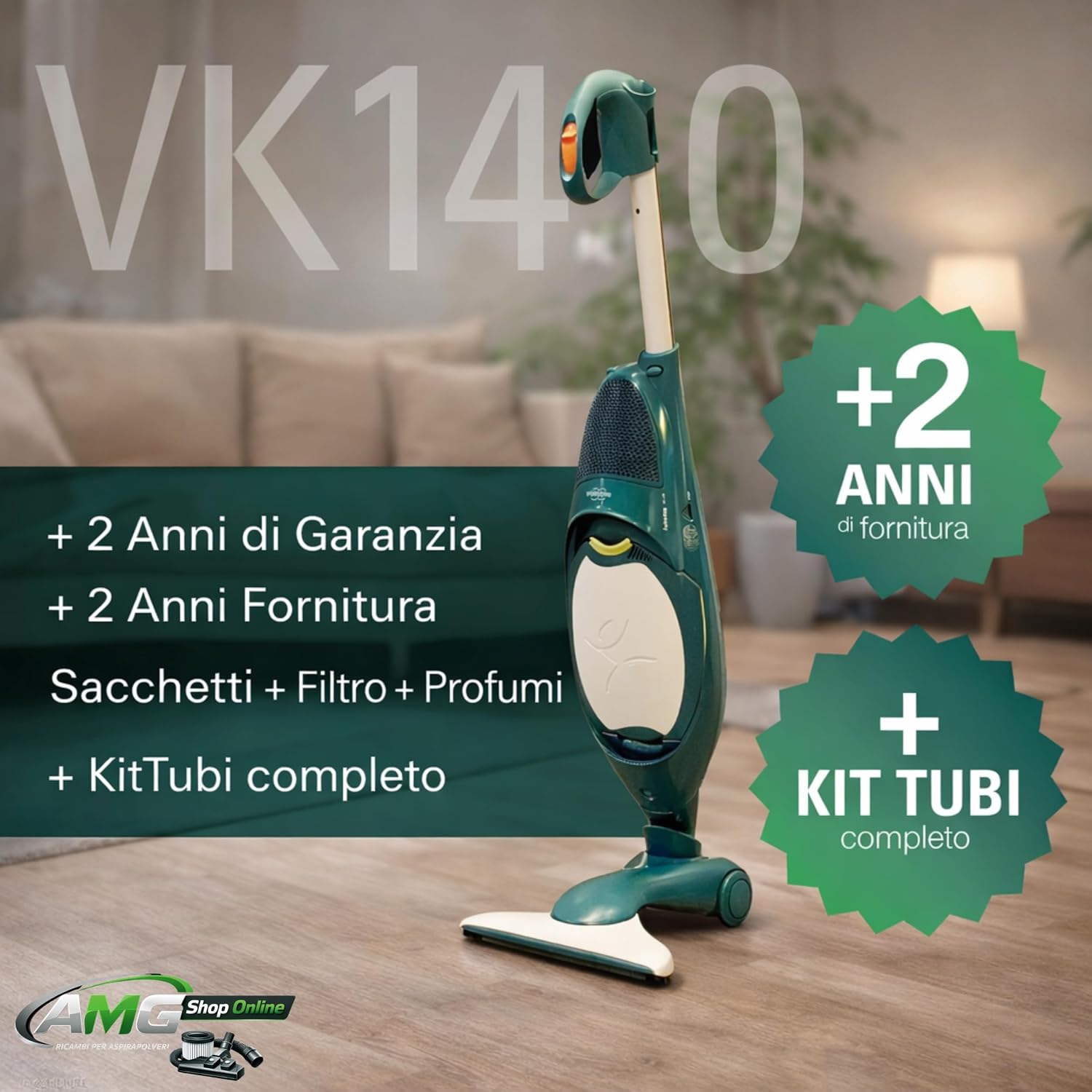 Aspirapolvere FOLLETTO VK140 + Spazzola HD40 + 6 Sacchetti + Tubi + Girasole - Sacco 2,5L, Filtri e Profumini Inclusi, Motore Originale, 74 dBA, 3 kg, Garanzia 2 Anni