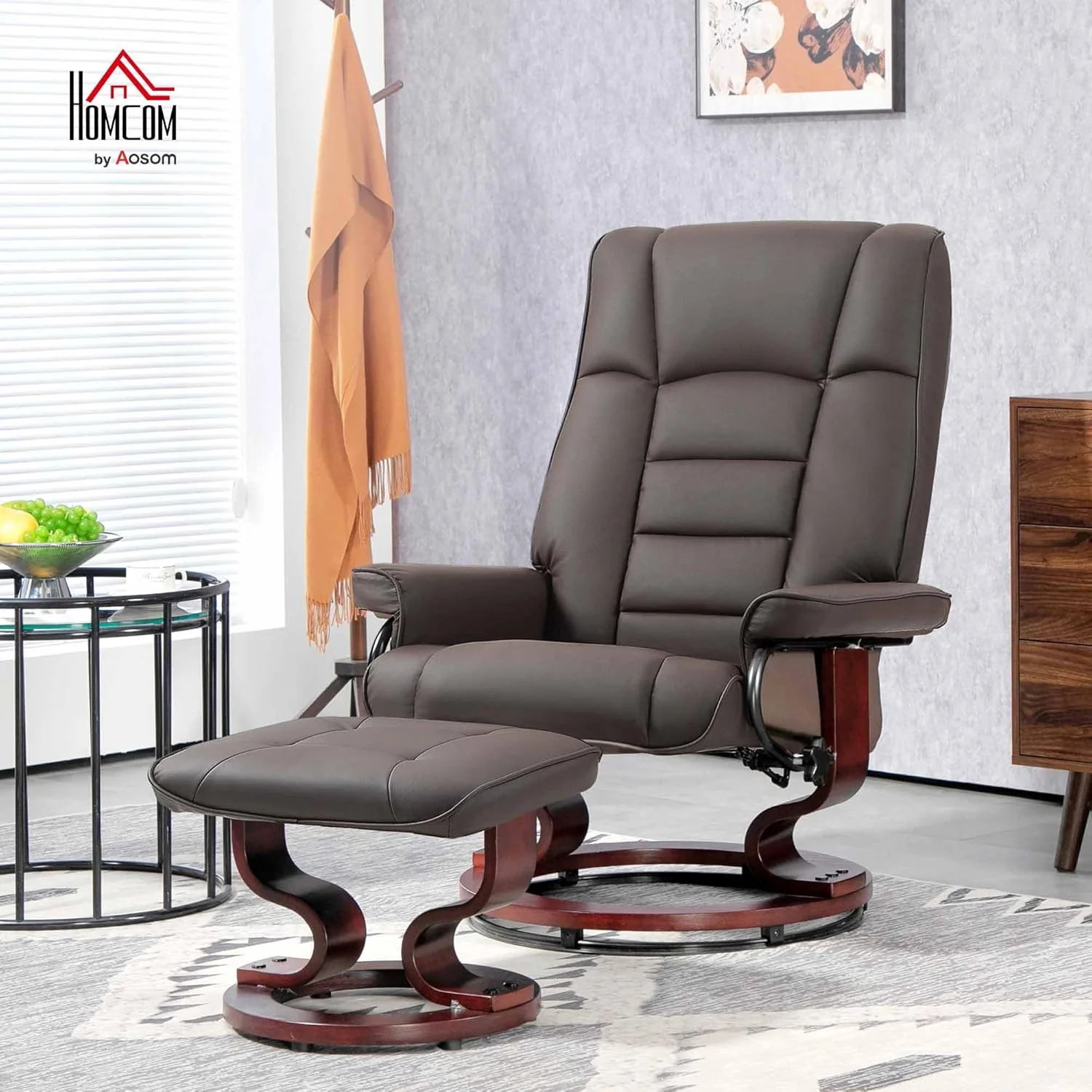 Faux Leather Recliner Chair with Swivel Ottoman High Back and Wood Frame Brown