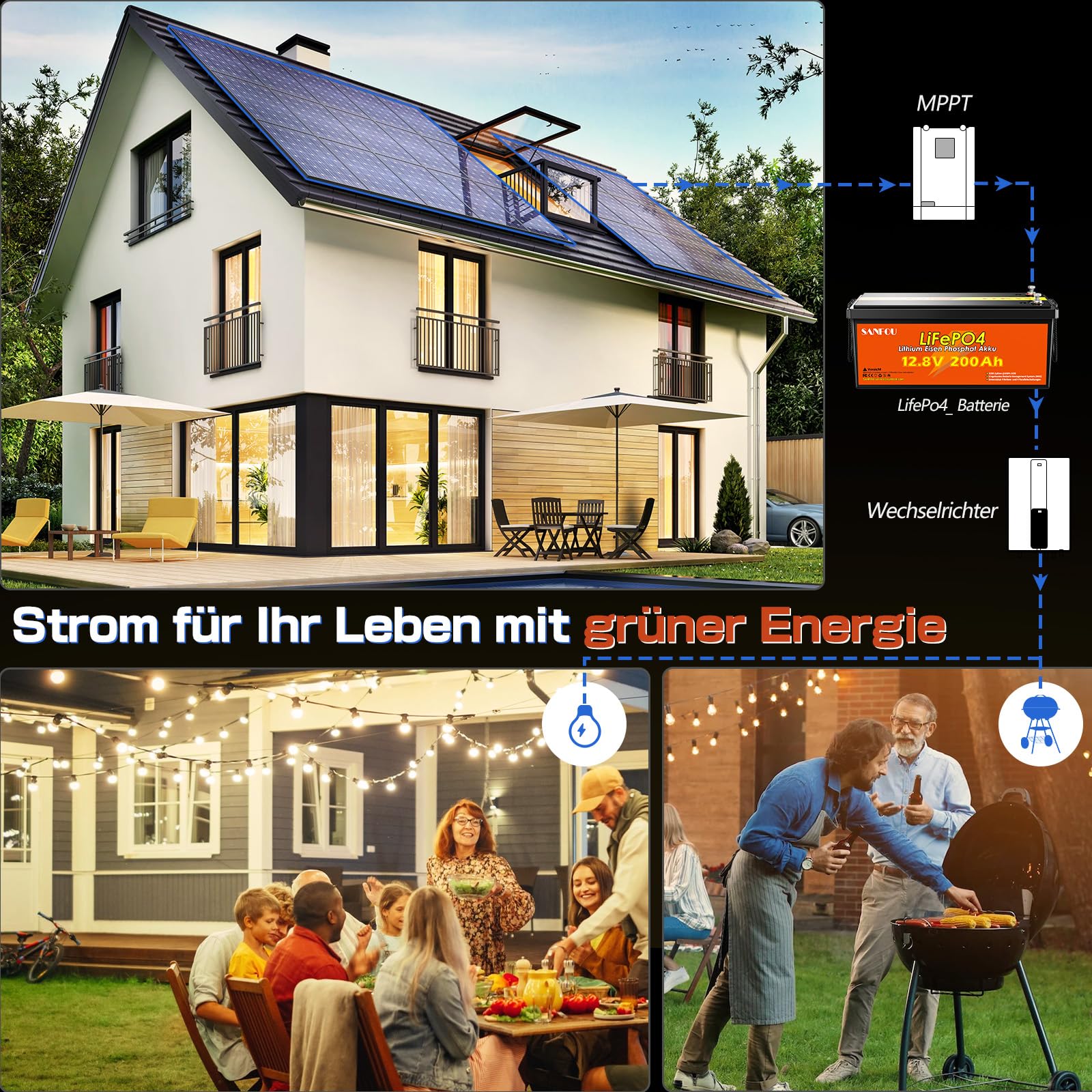 LiFePO4 Batterie 12V 200Ah mit 100A BMS, 2560Wh Lithium Akku für Wohnmobil und Camping