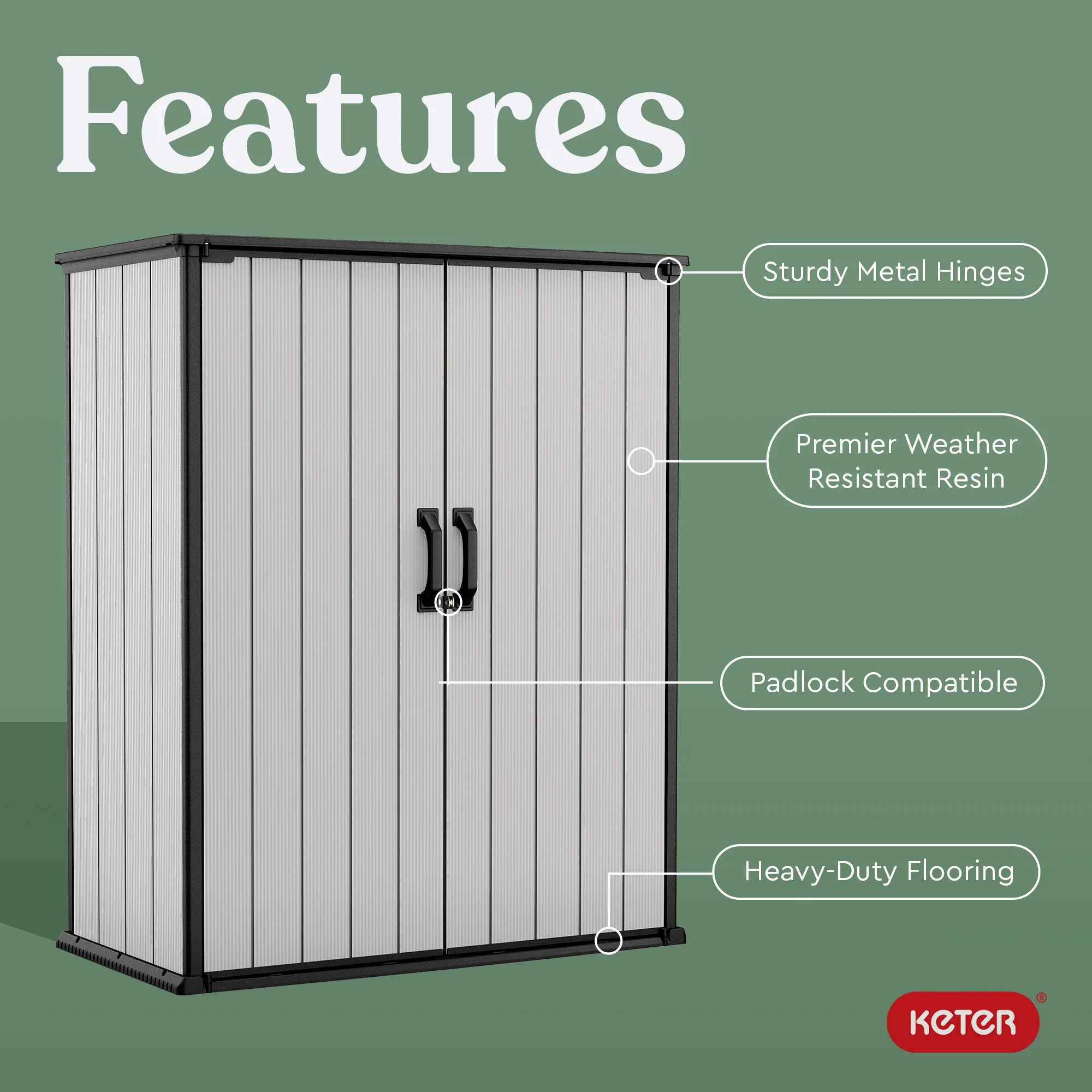 Keter Premier Tall Vertical Durable Resin Outdoor Storage Shed With Floor and Locking Double Doors, Grey