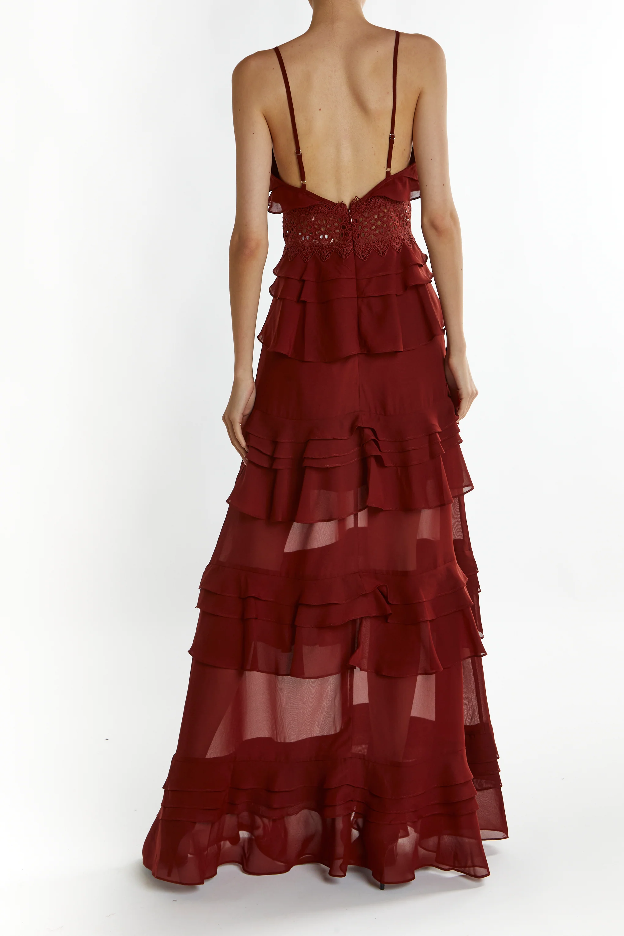 Sophia Burgundy Deep Plunge Layered Ruffle Maxi Dress
