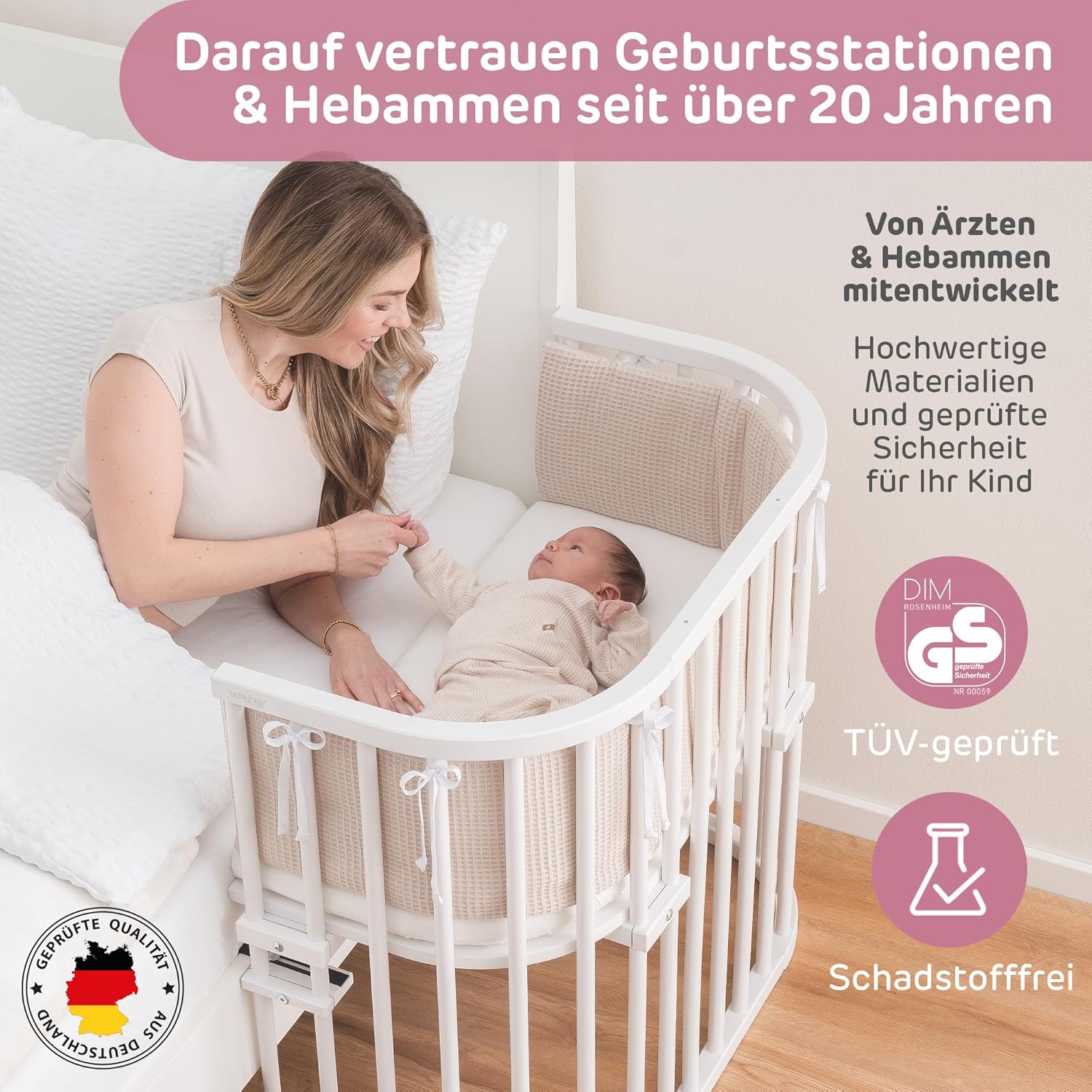 babybay Original Beistellbett aus massivem Buchenholz / kompakt & verwandelbar / Kinderbett Höhe stufenlos verstellbar & umweltfreundlich / mitwachsendes Babybett (weiß lackiert) / inkl. Matratze