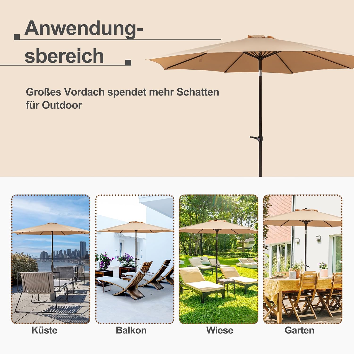 Sonnenschirm Ampelschirm 450cm rechteckig wasserdicht windfest UV50+ Doppeldach Kurbel neigbar Stahlgestell 12 Rippen für Garten Terrasse Balkon Strand