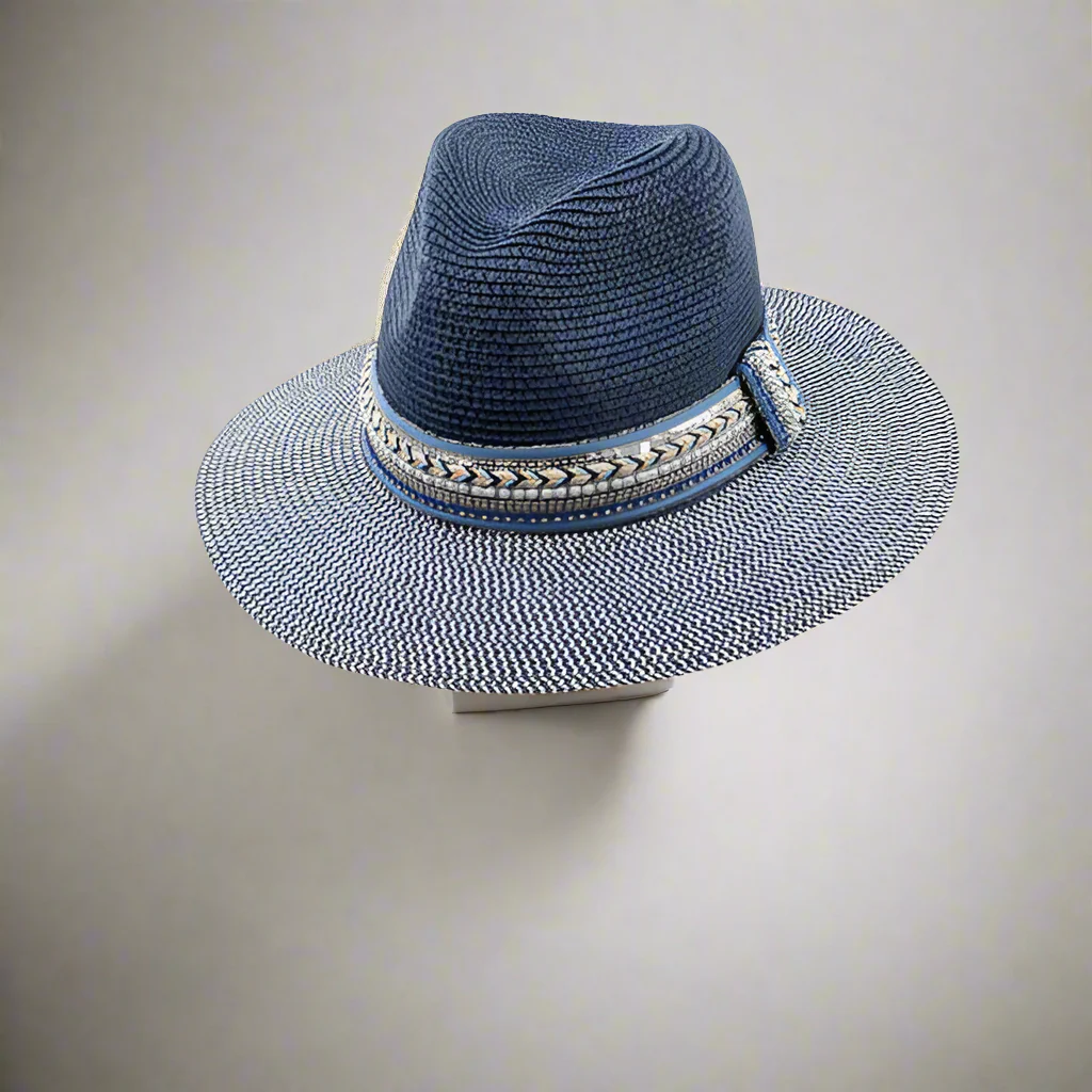 Jewelled‑Band Foldable Panama Hat – Navy Blue�?57 cm) | Packable, Eco‑Friendly Sun Hat