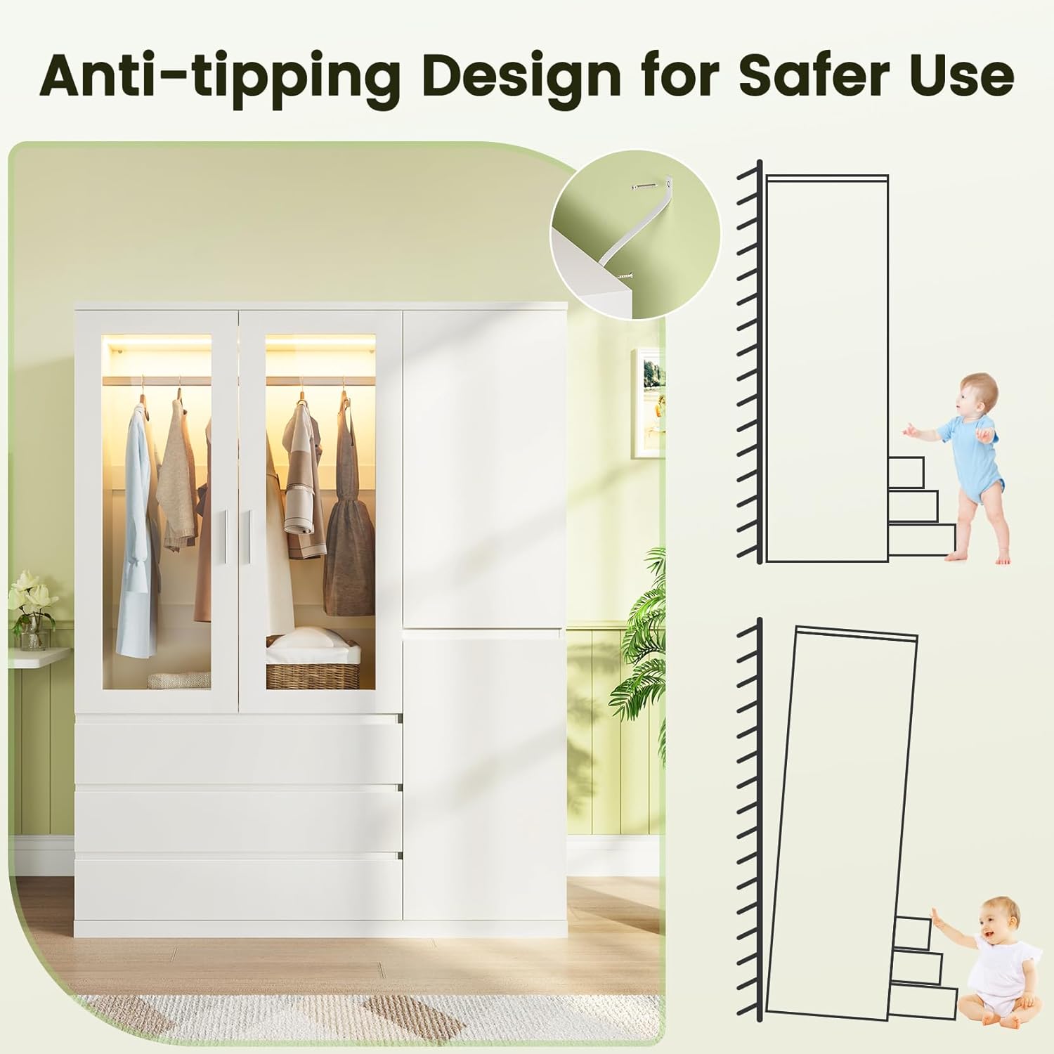 Dripex Vier Tore Schrank, Minimalistischer Wardrobe Closet mit Einer Kleiderstange und 3 Schubladen | 120 x 48 x 180cm | Weiß, Kleiderschrank für Schlafzimmer Kleiderschränke