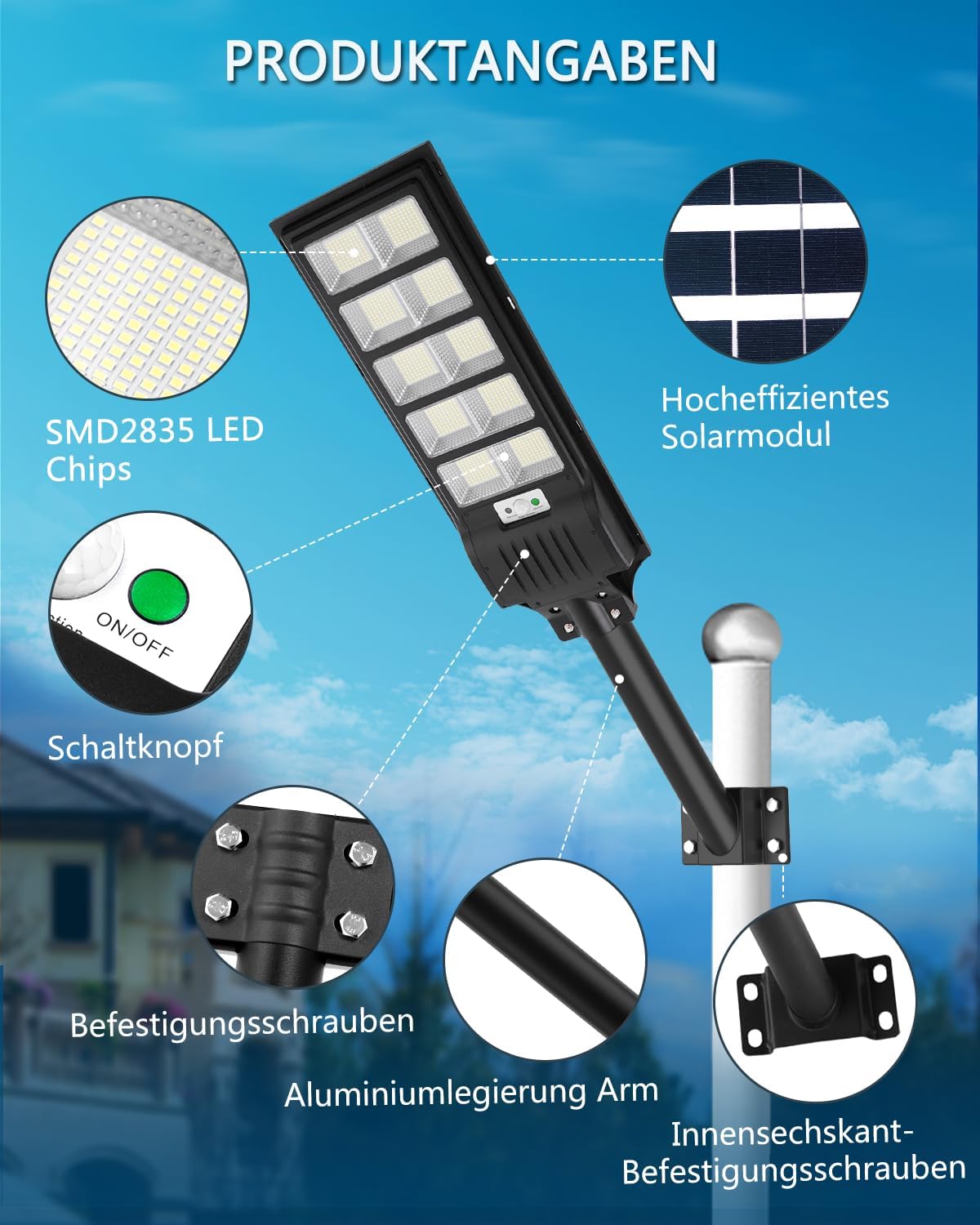 500W Solar Straßenlaterne, 6500K LED Strahler mit Bewegungsmelder Sensor, 8 Stück Solarlampen Straßenleuchte Wandleuchte Wegeleuchte Außen-Sicherheitsbeleuchtung für Garten Hof Garage Straßen