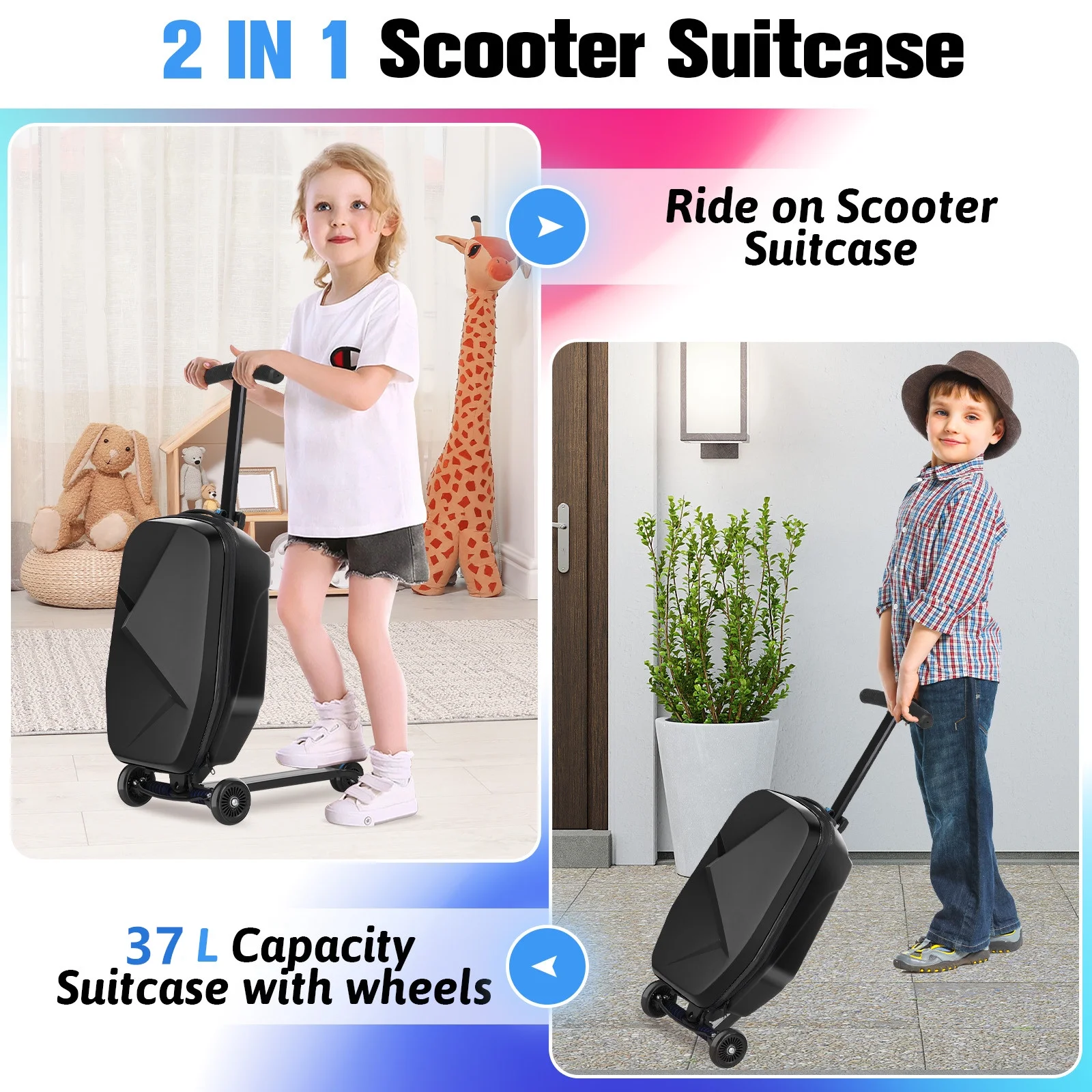 Advwin Scooter Luggage for Kids & Adults, Hardside Ride on Suitcase for Kids Ages 4-15 Multifunctional Lightweight Foldable Carry on Luggage with Wheels Ride on for Children Teenagers, Pink