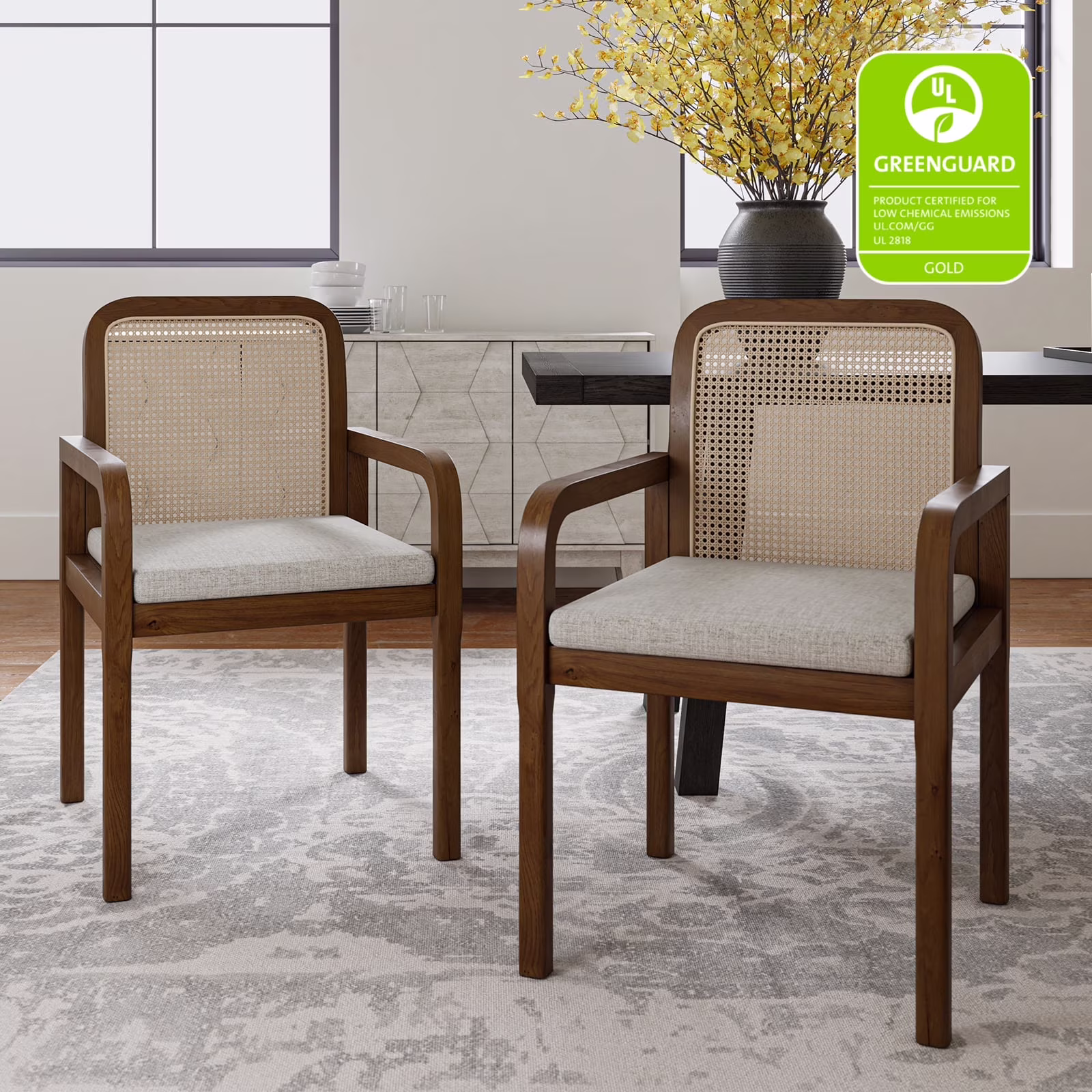Rattan Dining Chairs Set of 2 Wooden Armchairs Removable Cushion Home Kitchen Restaurant Acorn