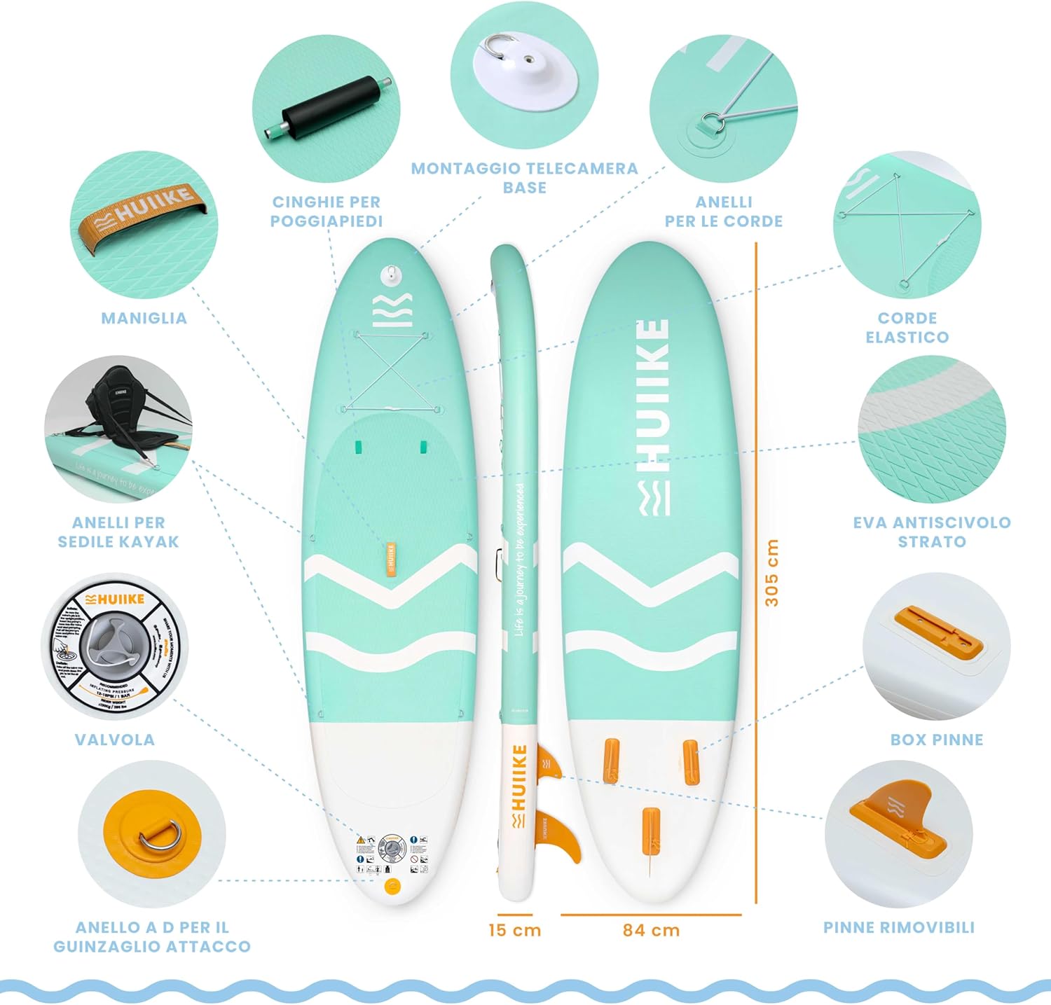 HUIIKE Tavola Sup Gonfiabile Adulti con Accessori Inclusi, Pagaia, Pinne, Pompa. Stand Up Paddle Board con Grande Stabilità e Resistenza. 305 x 84 x 15 cm, Carico Massimo 130 kg