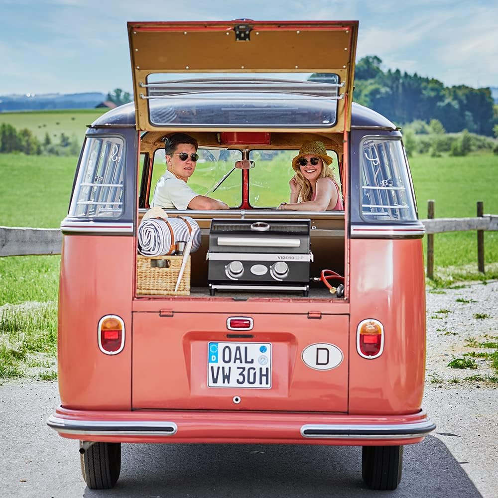 RÖSLE Gasgrill BBQ-Portable VIDERO G2-P, tragbarer Tischgrill mit 2 Edelstahlbrennern, Warmhalterost und Deckel mit Glaseinsatz sowie Deckelthermometer, pulverbeschichteter Stahl, 50 mbar, schwarz