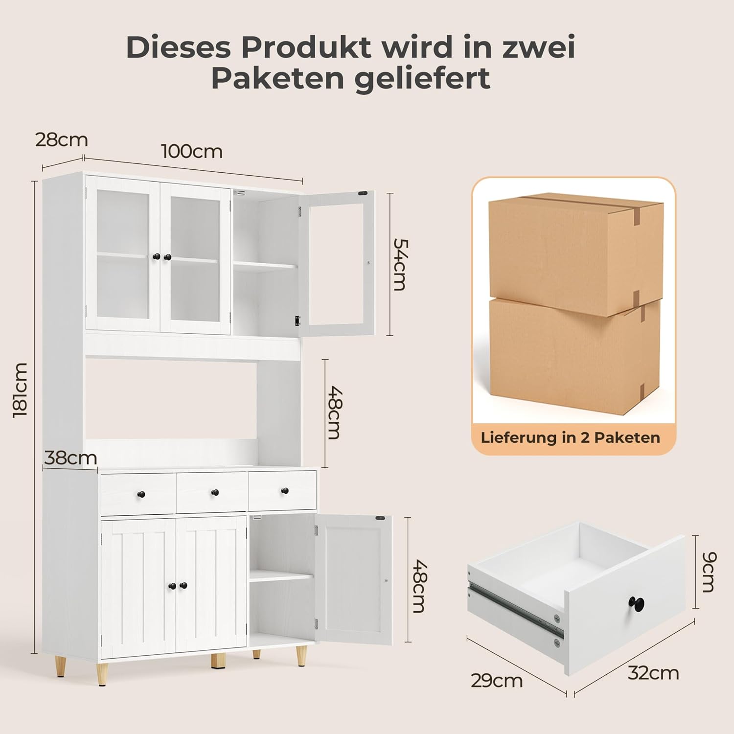 Armadio con piano di lavoro, armadietto a buffet con LED, credenza alta, Armadio per alimenti di grande capacità a 6 ante, 100x38x180cm