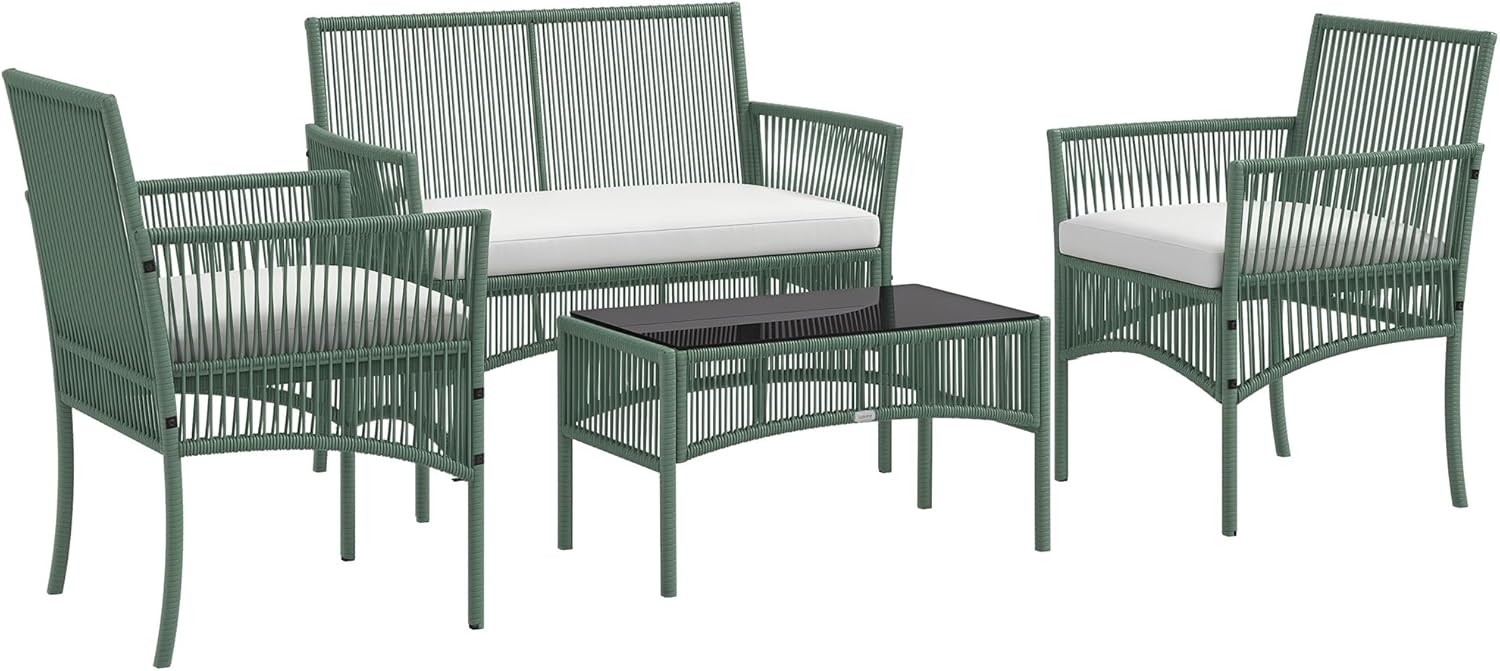 Outsunny Rattan Garden Set 4 Pieces Outdoor Set with 2 Outdoor Armchairs, Garden Sofa and Garden Table, Green and Black