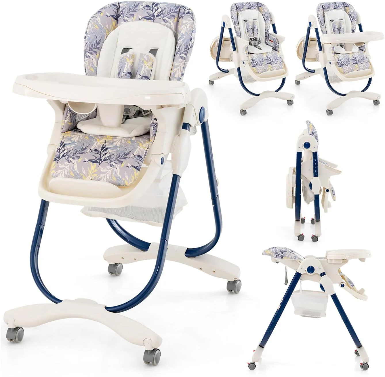 Seggiolone Pappa per Bambini e Neonati, Seggiolone Pieghevole Multifunzione con Ruote, Altezza Regolabile, Poggiapiedi e Schienale, Vassoio Rimovibile, per 6-36 Mesi (Blu)
